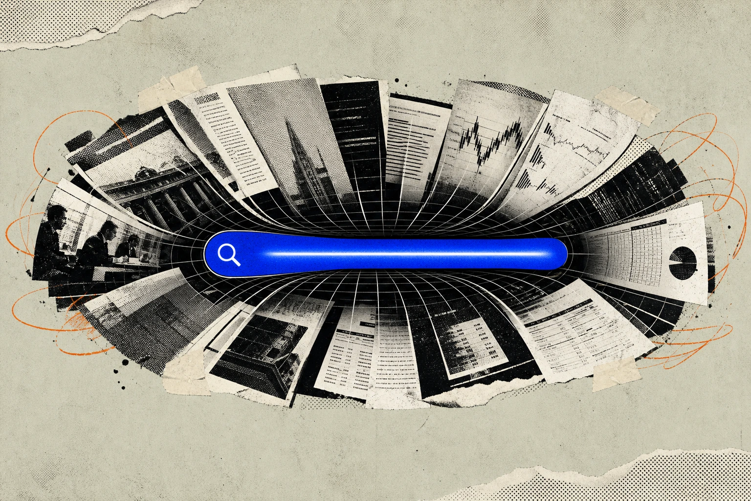 A Bloomberg-style terminal panel where the search bar is swelling outward like a swollen artery, swallowing a surrounding ring of transcript pages, broker notes, and filings that are being pulled inwa