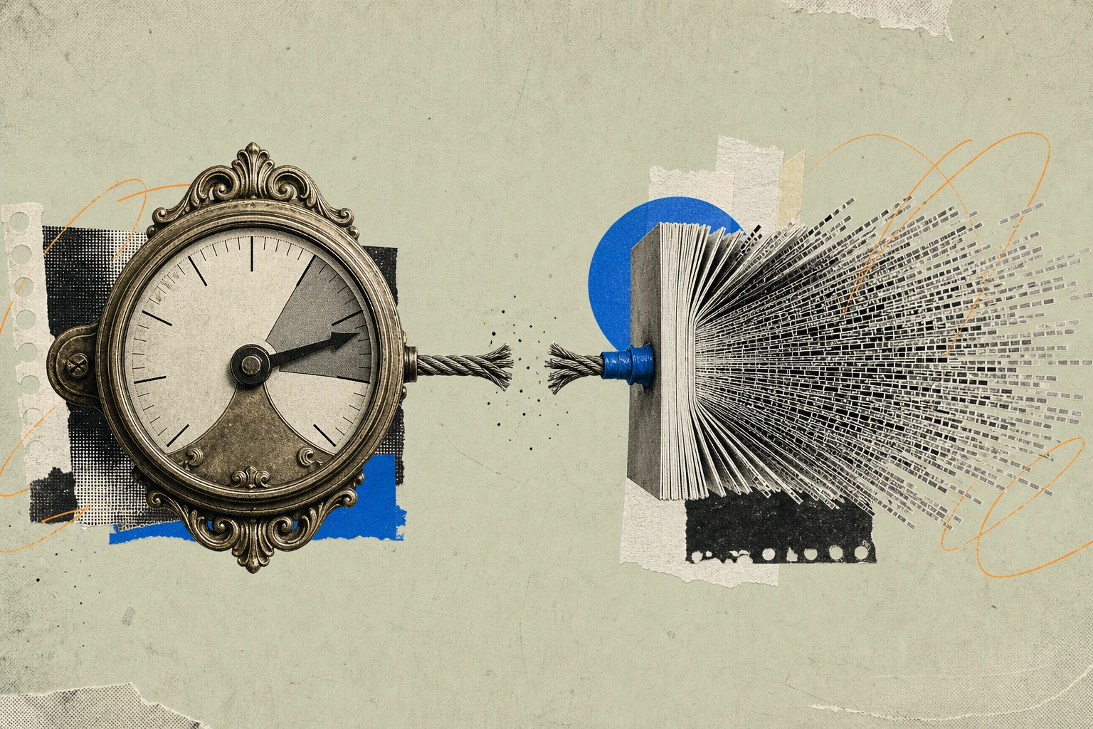 An ornate brass call-meter dial, its needle locked at "1 CALL — $1,500," its cable severed mid-air and re-spliced into the side of a sleek transcript-page stack that is fanning out into thousands of t