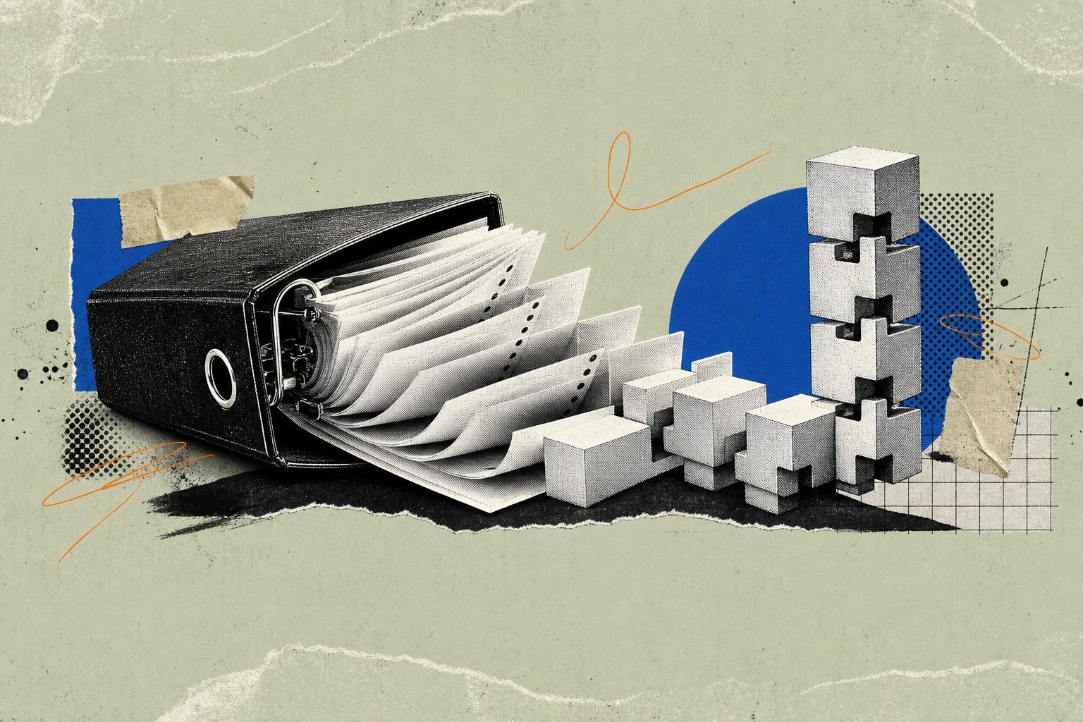 A conventional three-ring compliance binder tipped on its side, its pages fanning out and mid-transformation into a vertical chain of interlocking blocks, each block stamped with a timestamp and an ag