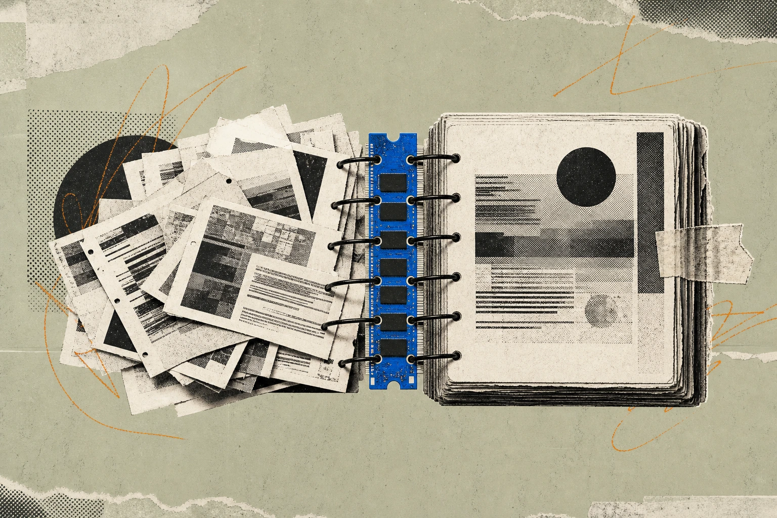 A stack of research transcripts that in previous months would scatter and reset at the top of each page , here fused into one continuous spine-bound ledger, its binding threaded through a glowing RAM