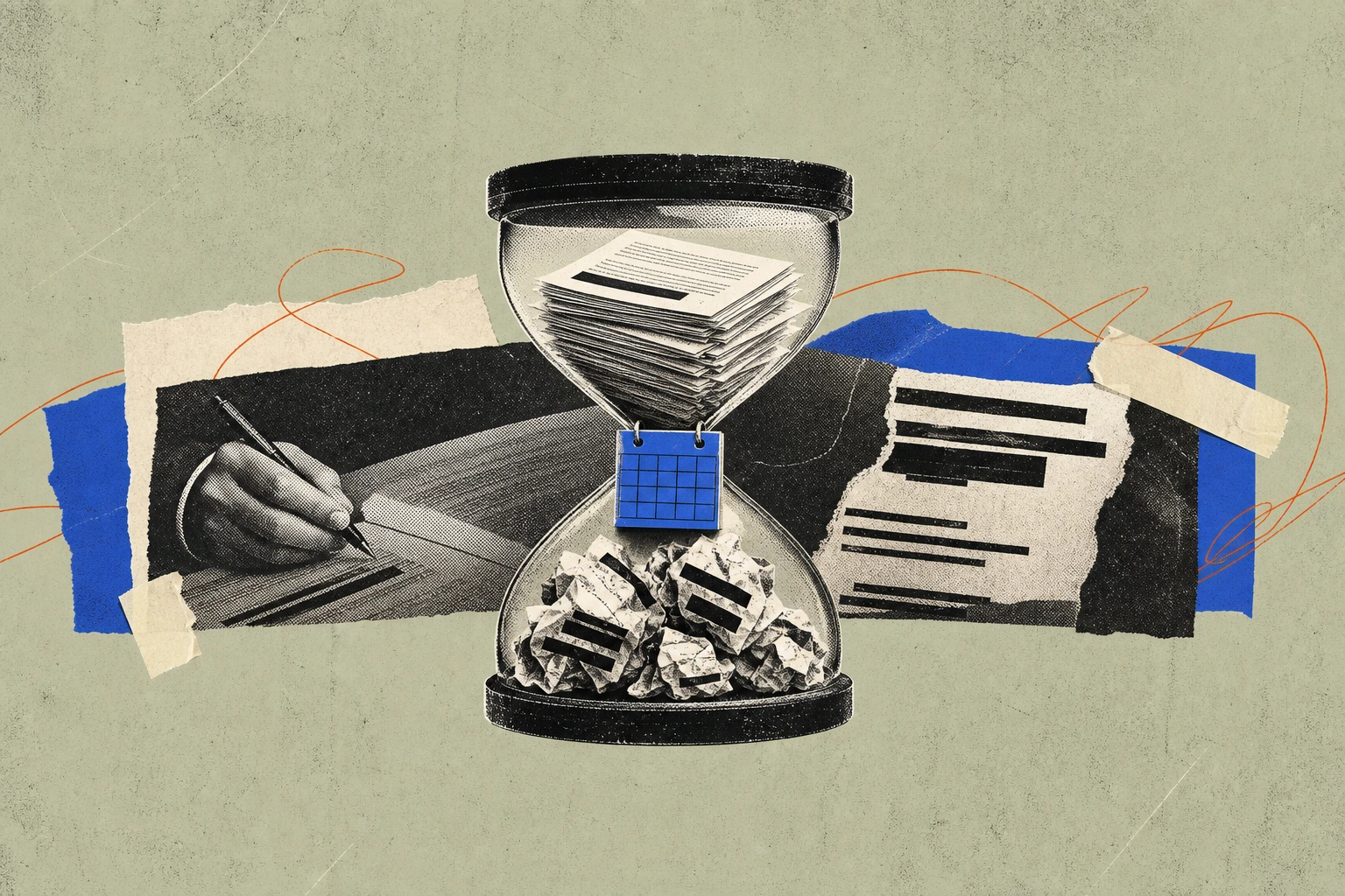 An hourglass whose upper chamber holds neatly stacked transcript pages and whose lower chamber catches them as crumpled, half-redacted consent forms ,  the neck of the glass pinched around a reschedule