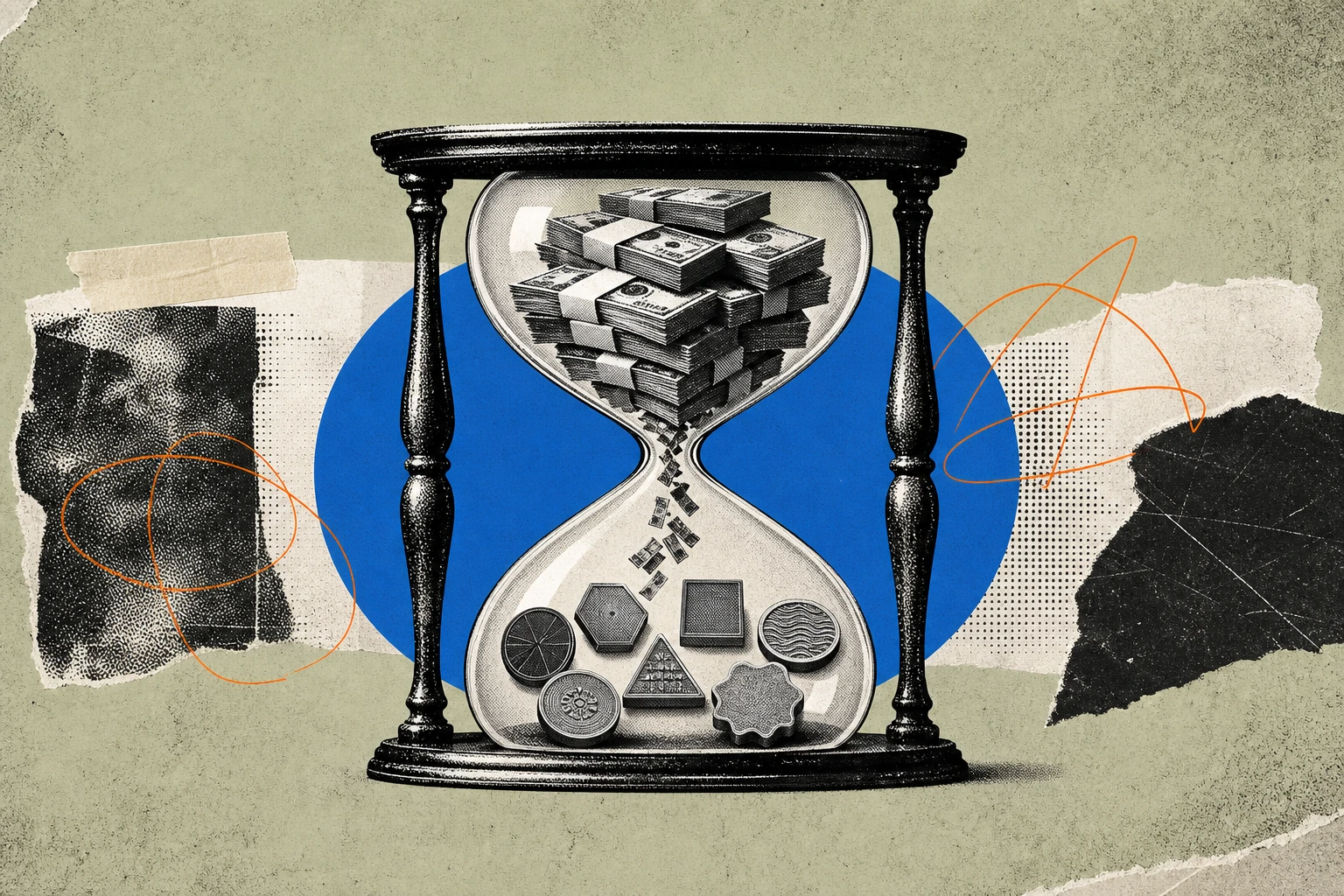 An hourglass whose upper chamber is filled with stacked consulting-fee banknotes and whose lower chamber catches them re-formed as seven differently-shaped payment coins, each stamped with a different