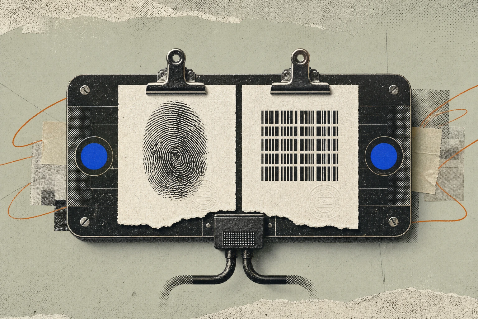 Two expert-call invoice slips clipped side by side into a single dashboard billing panel: one embossed with a fingerprint, the other embossed with a barcode grid , both routed into the same output por