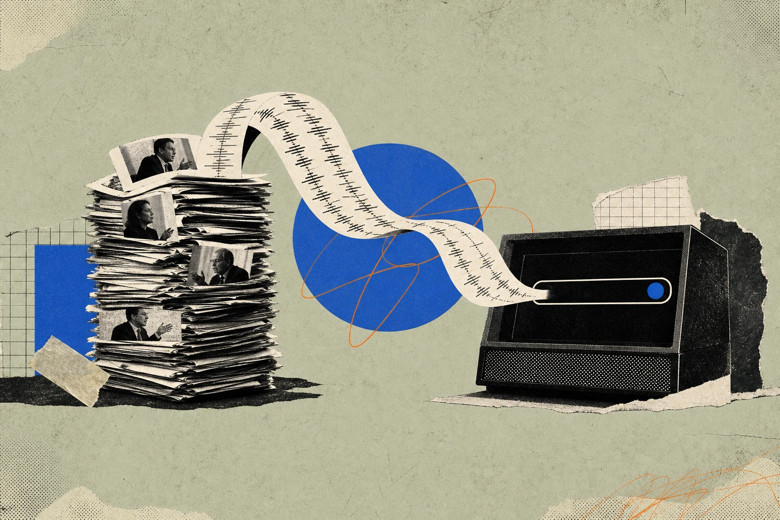 A tall stack of expert-call transcript pages mid-transformation, the top half unraveling into a clean ribbon of ticker-tape that feeds directly into the query bar of a terminal panel, showing raw huma