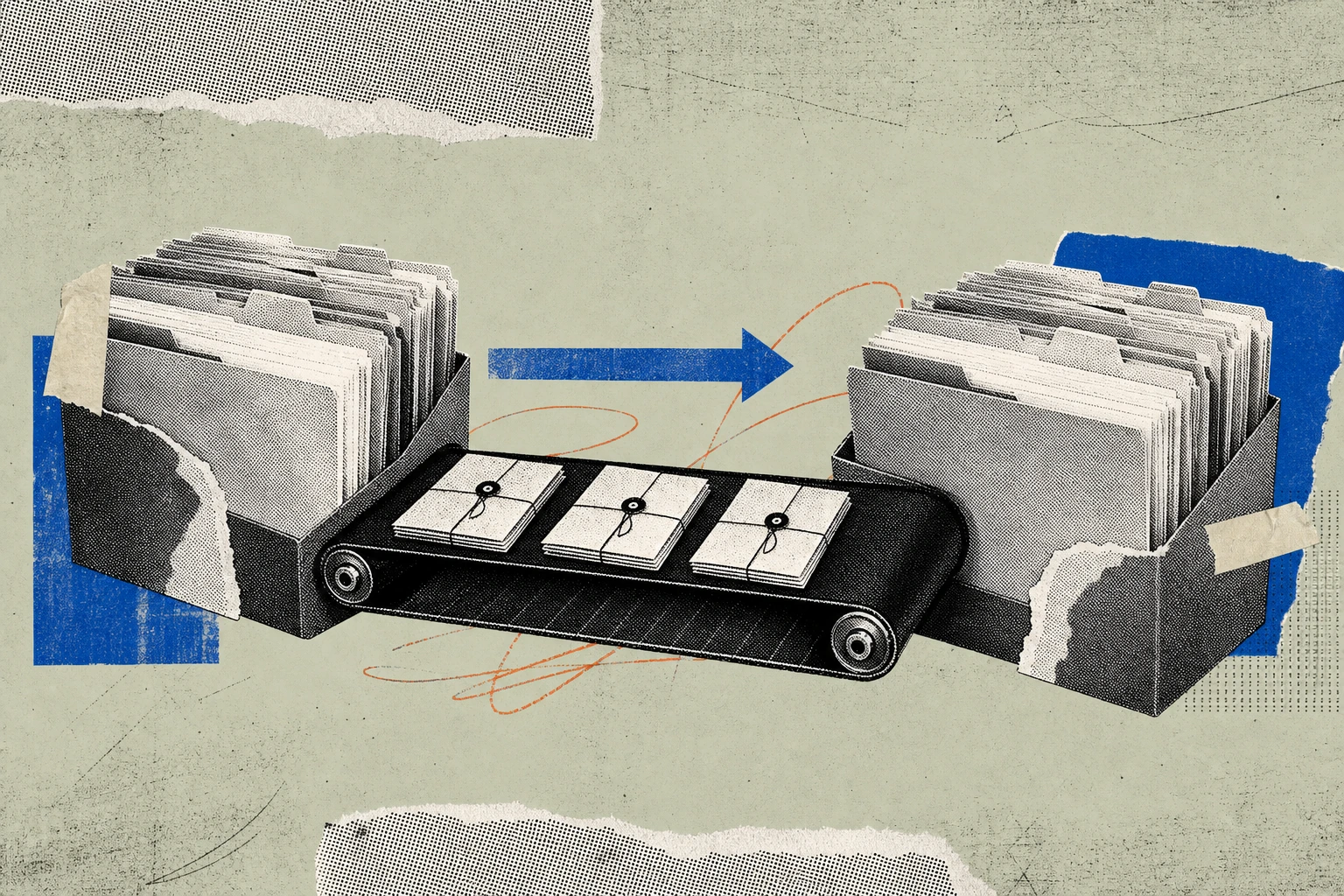 Two stacks of regulatory file folders , one tabbed "FDA," one tabbed "SEC" , previously separated by a thick redaction bar, now joined by that same bar flattened into a conveyor belt feeding sealed do