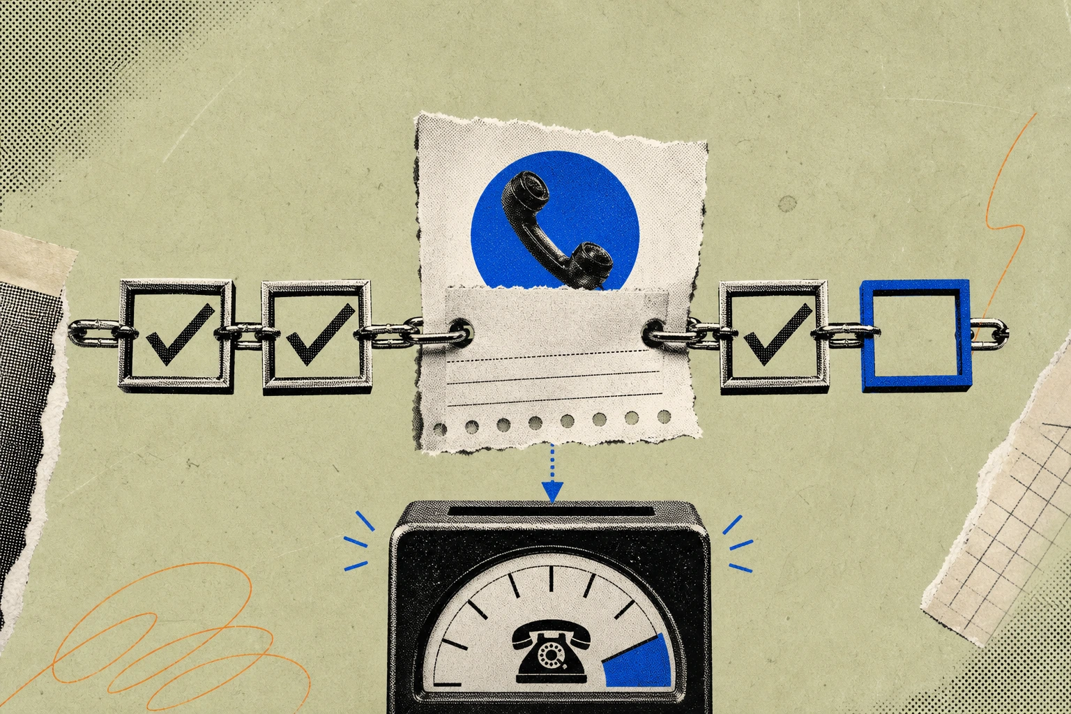 A call-request booking slip suspended mid-air, held back by a chain of interlocking compliance checkboxes that thread through its center like a lock, with only one checkbox left unticked before the sl