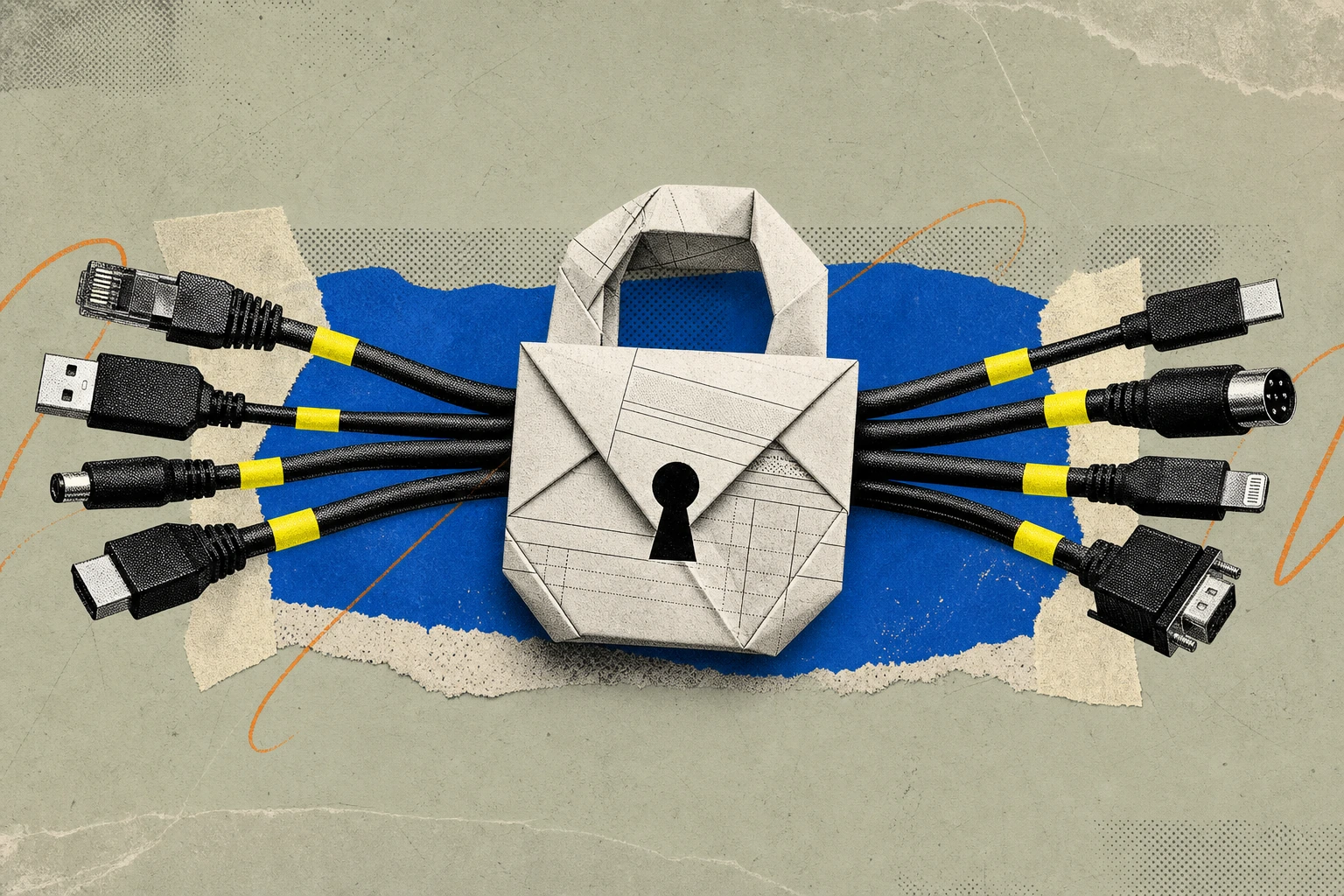 A single expert-call invoice folded into an origami padlock, clamped shut around a bundle of MCP-style integration cables that fan out behind it, the cables themselves marked with highlighter-yellow c