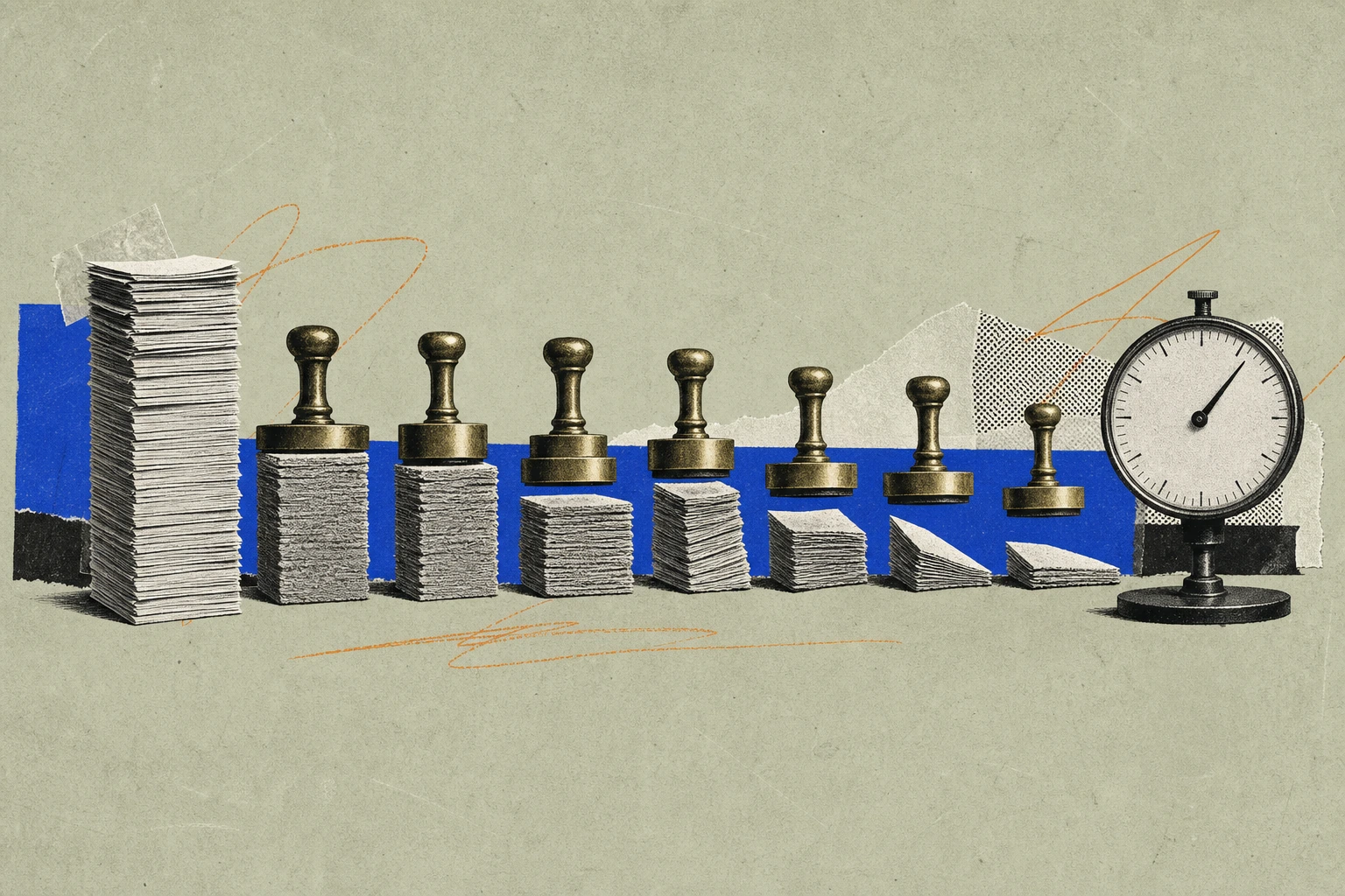 A tall stack of raw expert-call transcript pages compressed under seven differently-weighted brass annotation stamps, each stamp squeezing the same stack into a distinctly-shaped output brick ,  some d