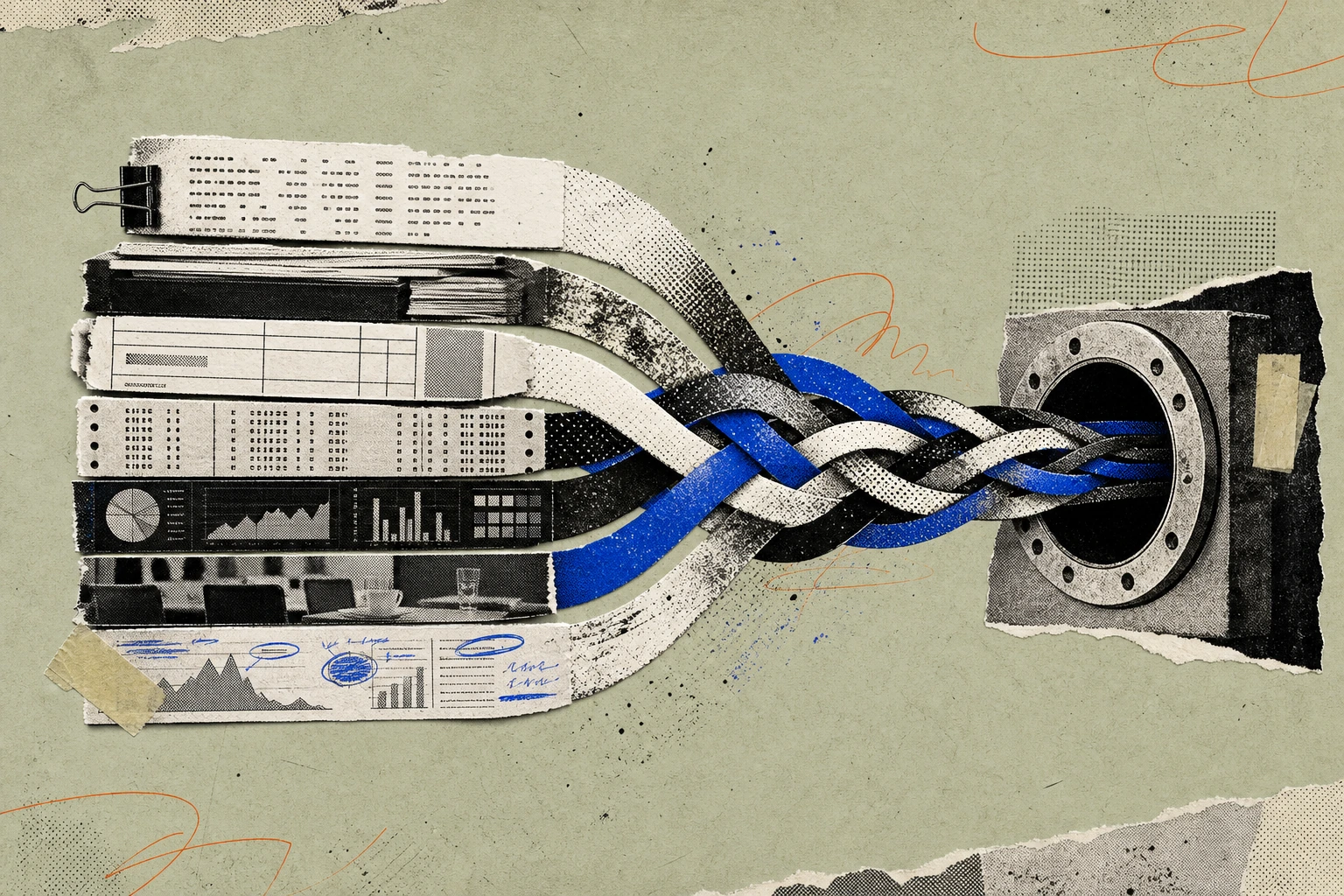 Seven neatly stacked, distinct document types , transcripts, filings, invoices, ticker tapes, dashboards, expert-call slips, annotated reports , collapsing sideways into a single braided stream of dat
