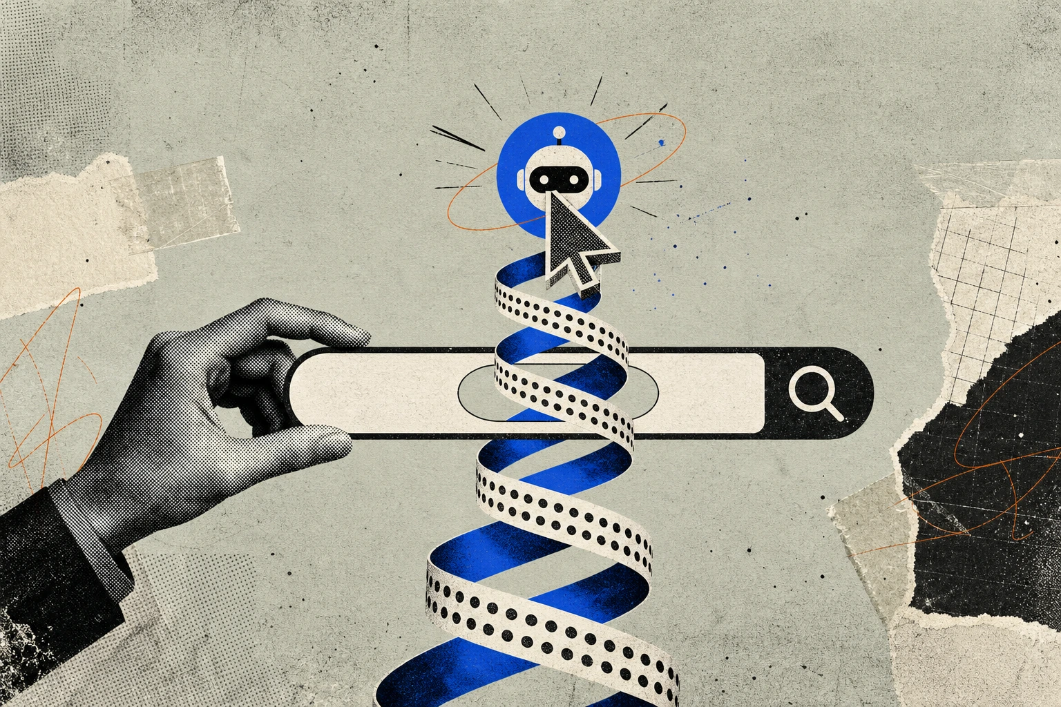 A valuation ticker-tape ribbon spiraling upward in a tight double-helix, each loop stamped with a higher figure, the rising column threaded through the eye of a search-bar cursor that's morphing into 