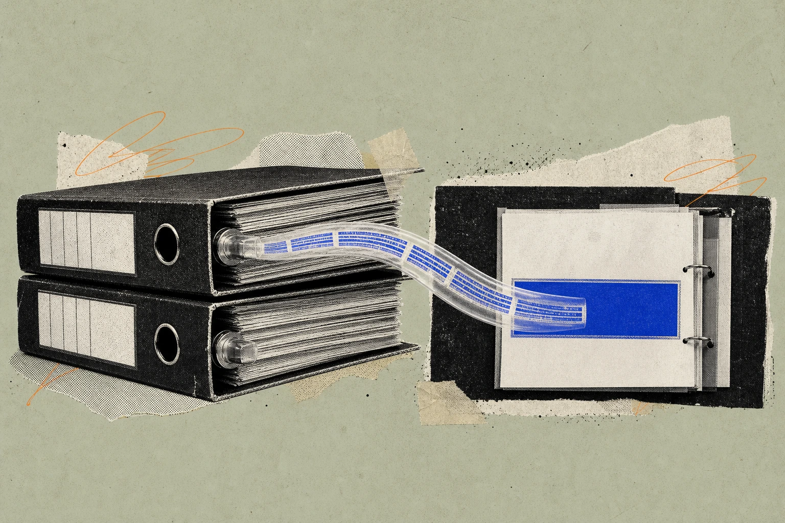 Two stacked diligence binders joined by a single translucent integration cable plugged into their spines, the cable carrying highlighted sentences flowing from one binder's pages into the other's open