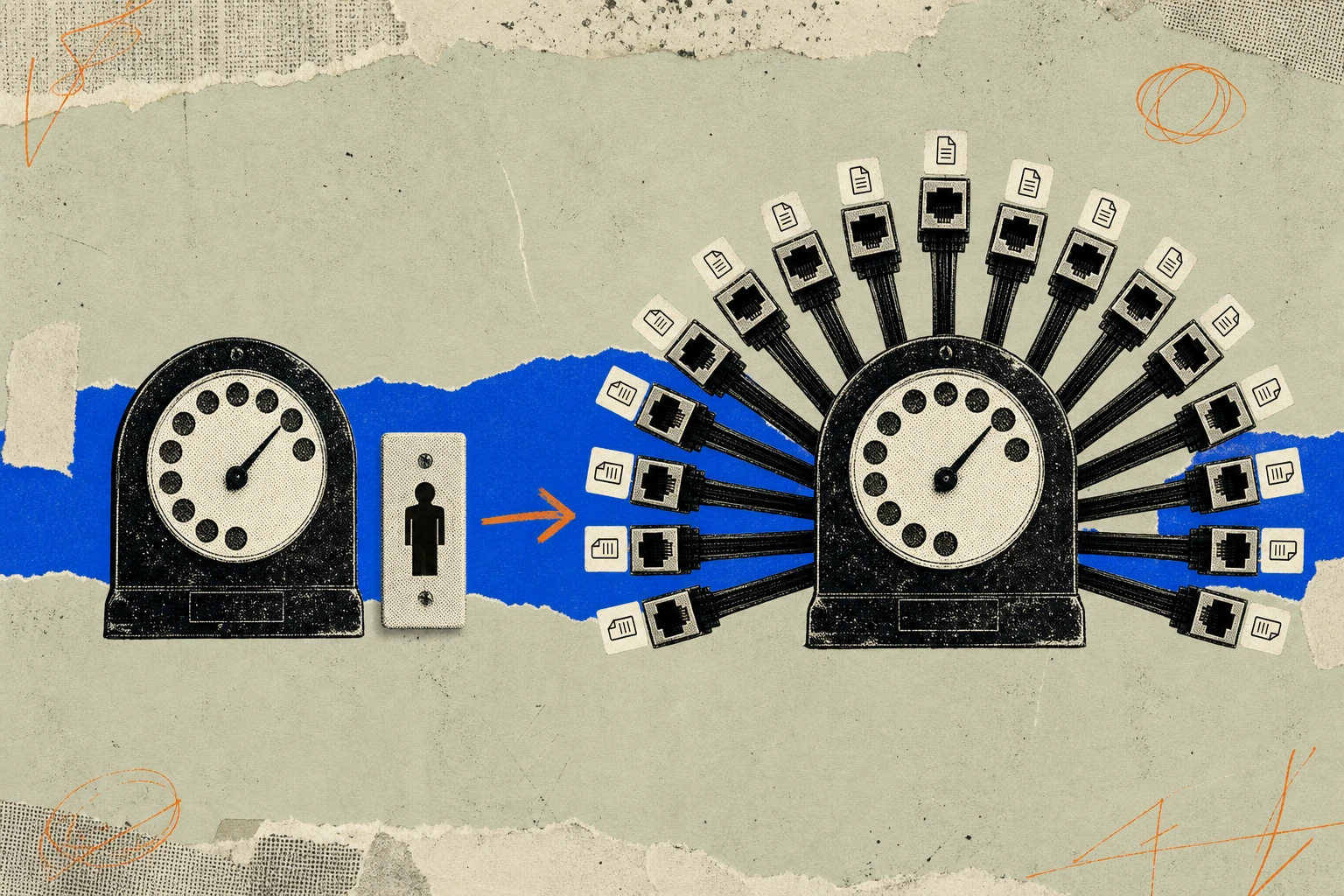 A traditional call-meter dial with a single human-shaped plug jack beside it, being overtaken by the same dial sprouting a dense fan of standardized machine-readable ports, each port stamped with a ti