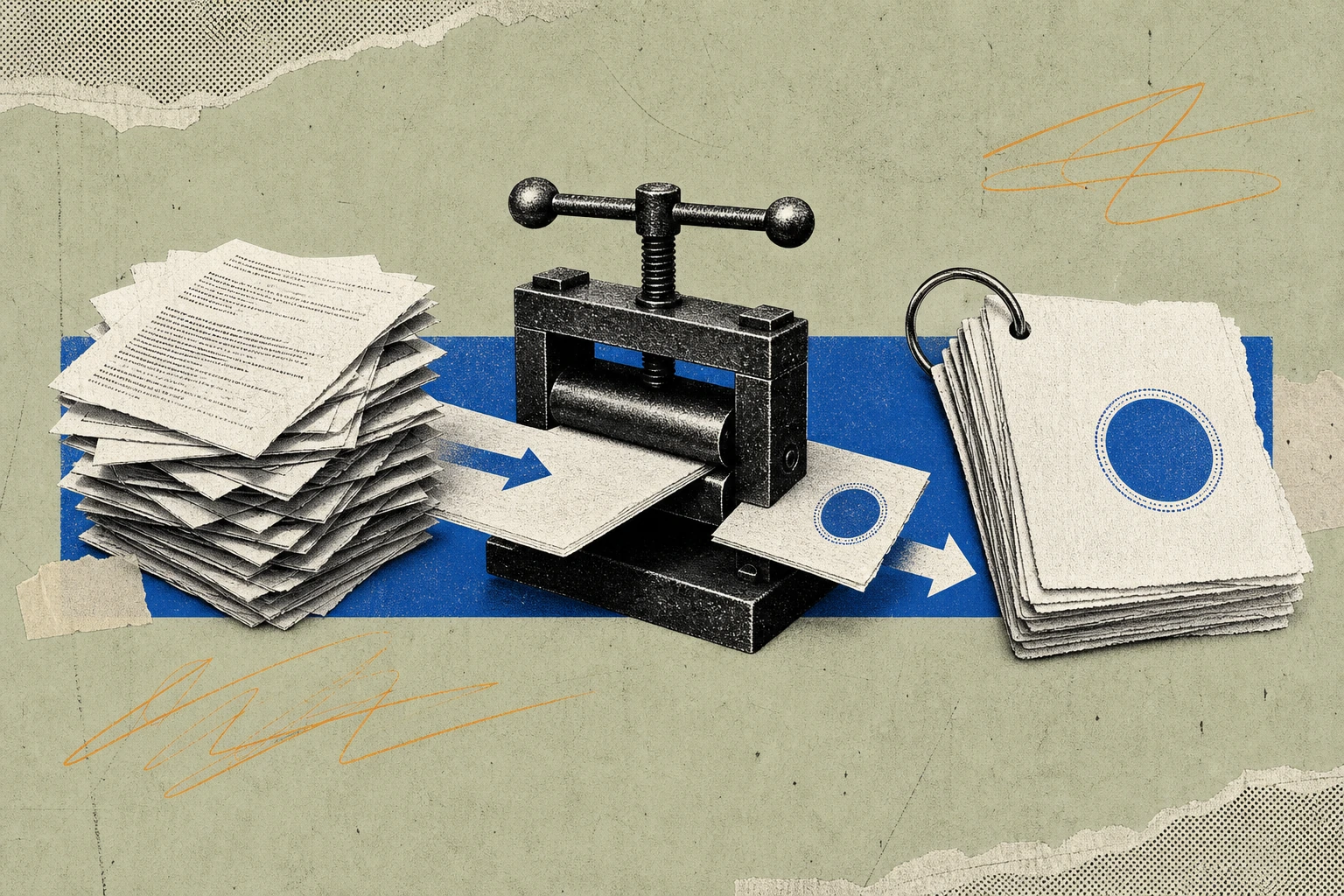 A stack of loose transcript pages being fed into a document clamp, where each page emerges on the other side stamped with a chain-of-custody label and threaded onto a single steel discovery ring , the