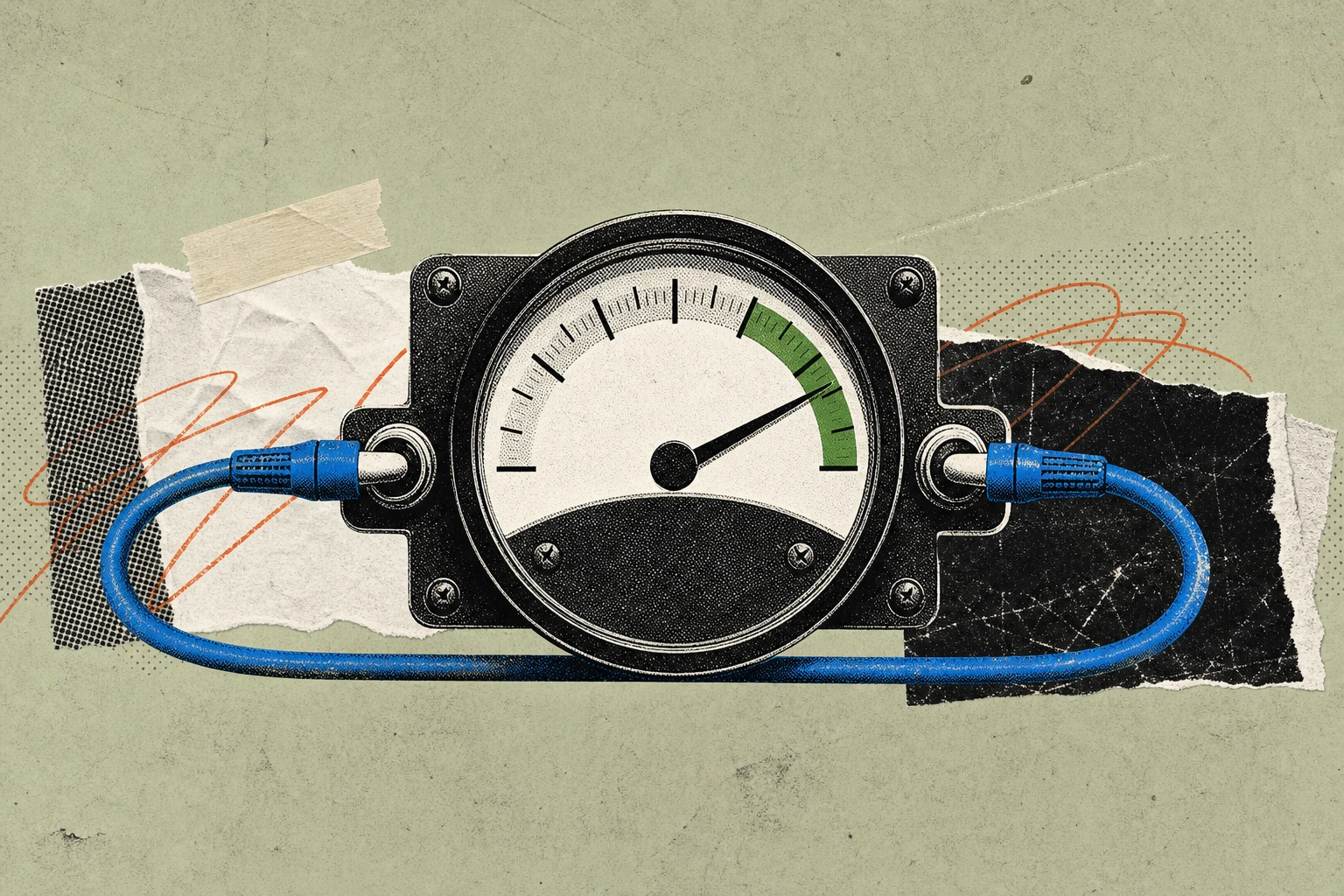 A dashboard revenue meter with its needle swung firmly into the green upper band, its output cable looped around and plugged back into its own intake port , the gain re-circulated, not drained into a