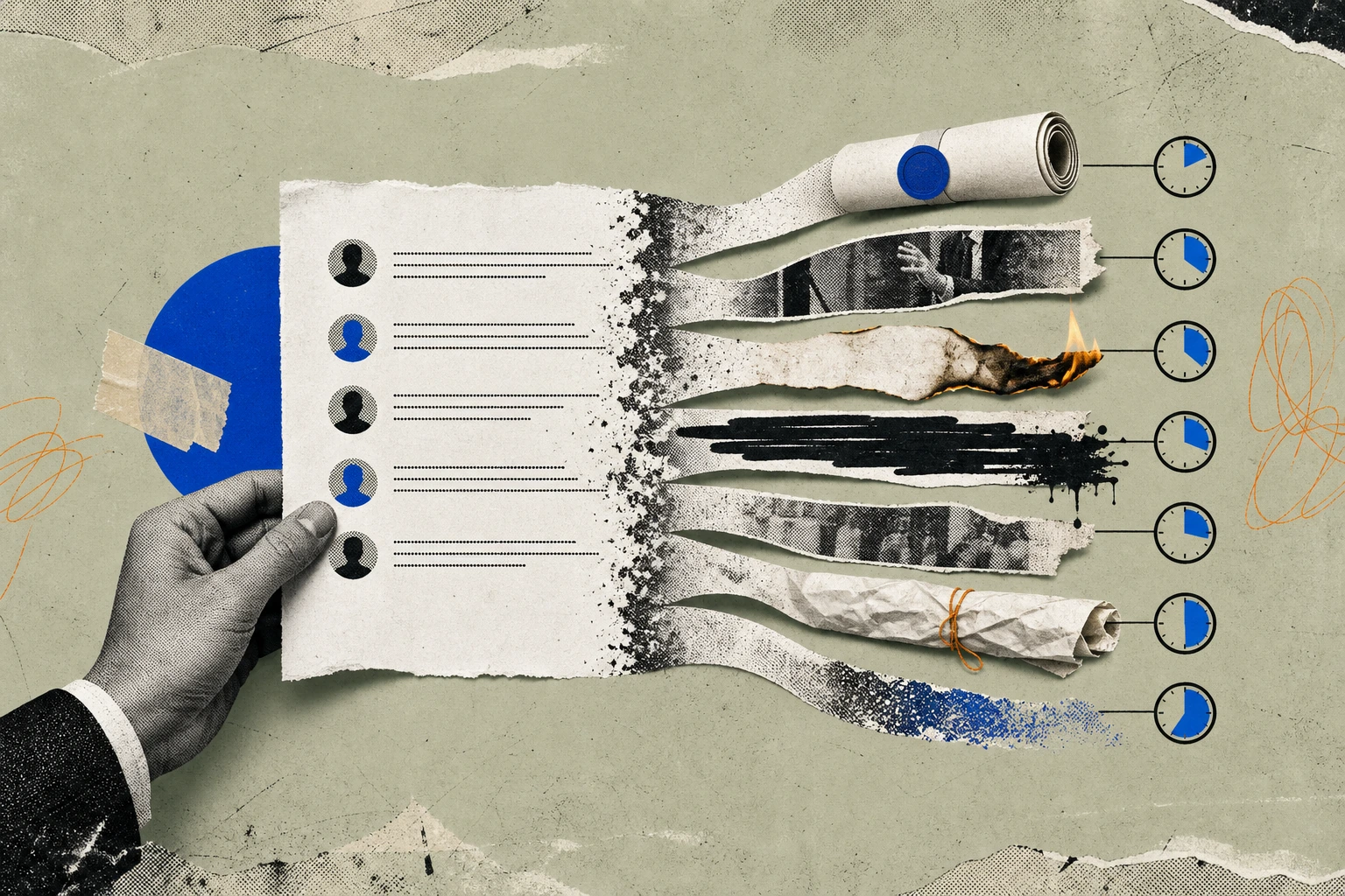 A single expert-call transcript page held in mid-transformation: its left half still crisp with timestamped Q&A dialogue, its right half fracturing into seven diverging paper streams ,  some rolled and