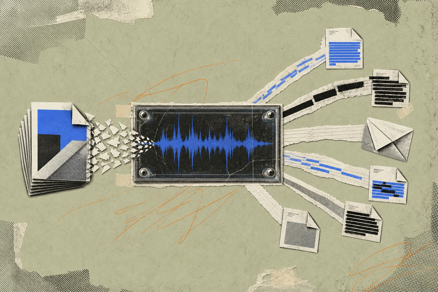 A recorded-call waveform sealed inside a glass terminal panel, and just outside its frame a stack of PDF attachment icons breaking apart into seven distinct paper trails ,  some highlighted, some redac