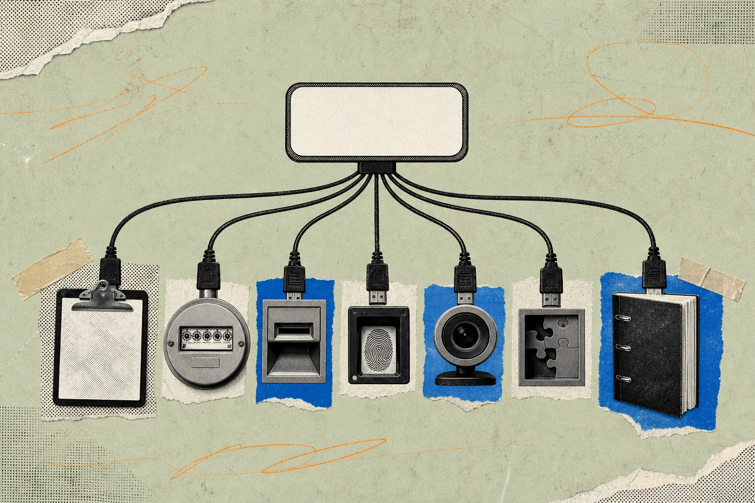 A single empty org-chart node at the top branching downward into seven distinct connector cables, each terminating in a differently-shaped intake port , one a compliance clipboard, one a billing meter