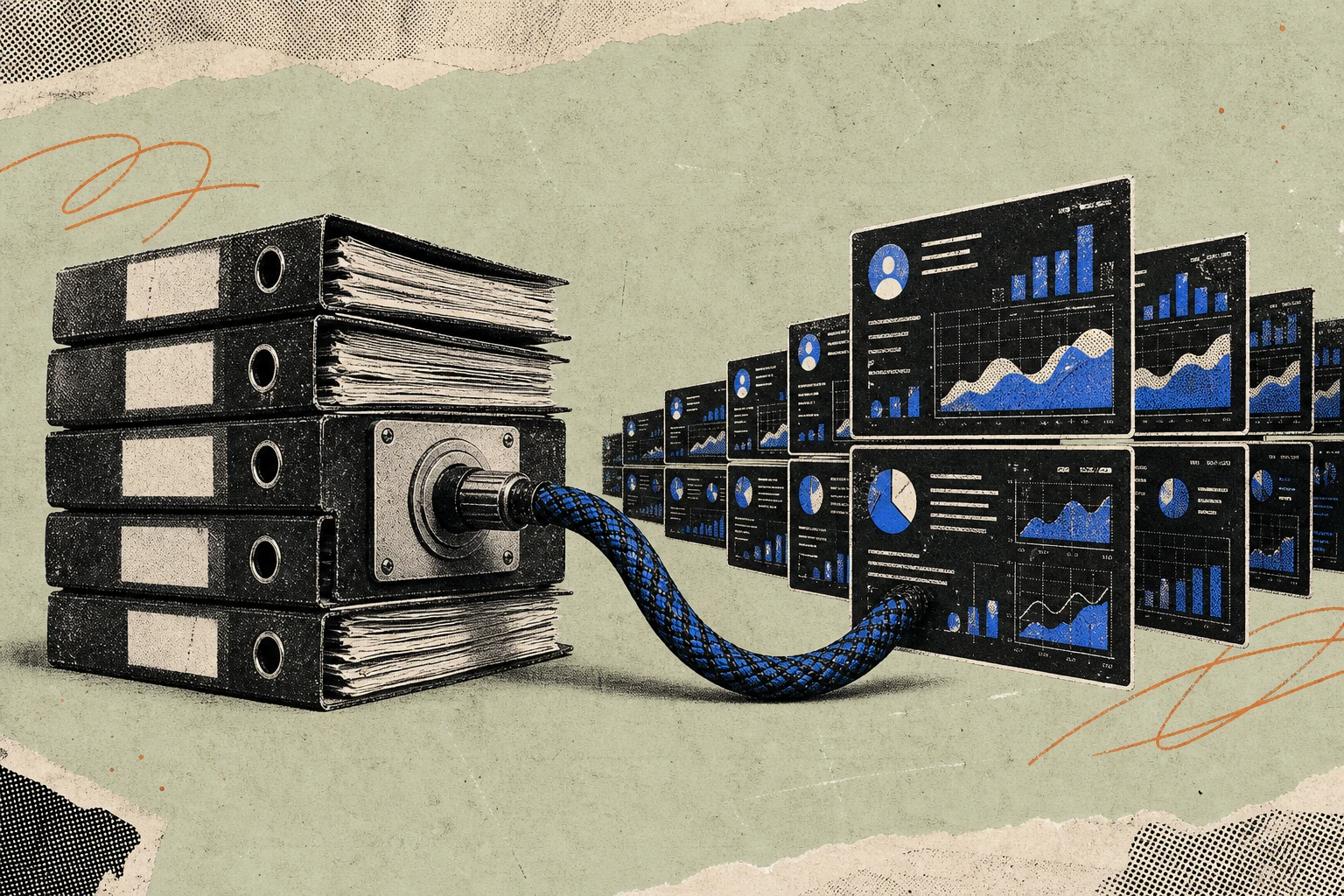 A stack of research-report binders on the left, connected by a thick braided cable to a fleet of glowing agent-dashboard panels on the right , the cable plugged into a venture-term-sheet port stamped