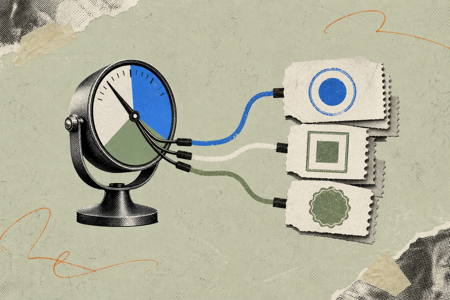 A microphone-shaped call-meter gauge whose dial face is divided into three colored jurisdictional zones, with the needle bending into a physical fork of three separate wires that trail off into three