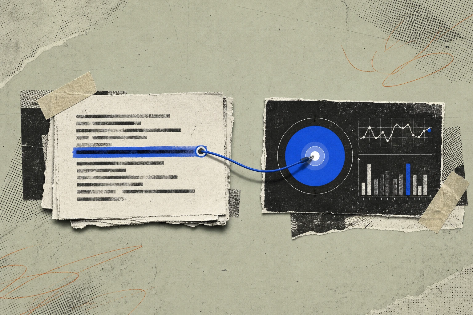 A highlighted passage on a transcript page tethered by a thin cable to a pulsing dashboard tile, the citation thread looping back from the screen into the exact line on the page , one source, two endp