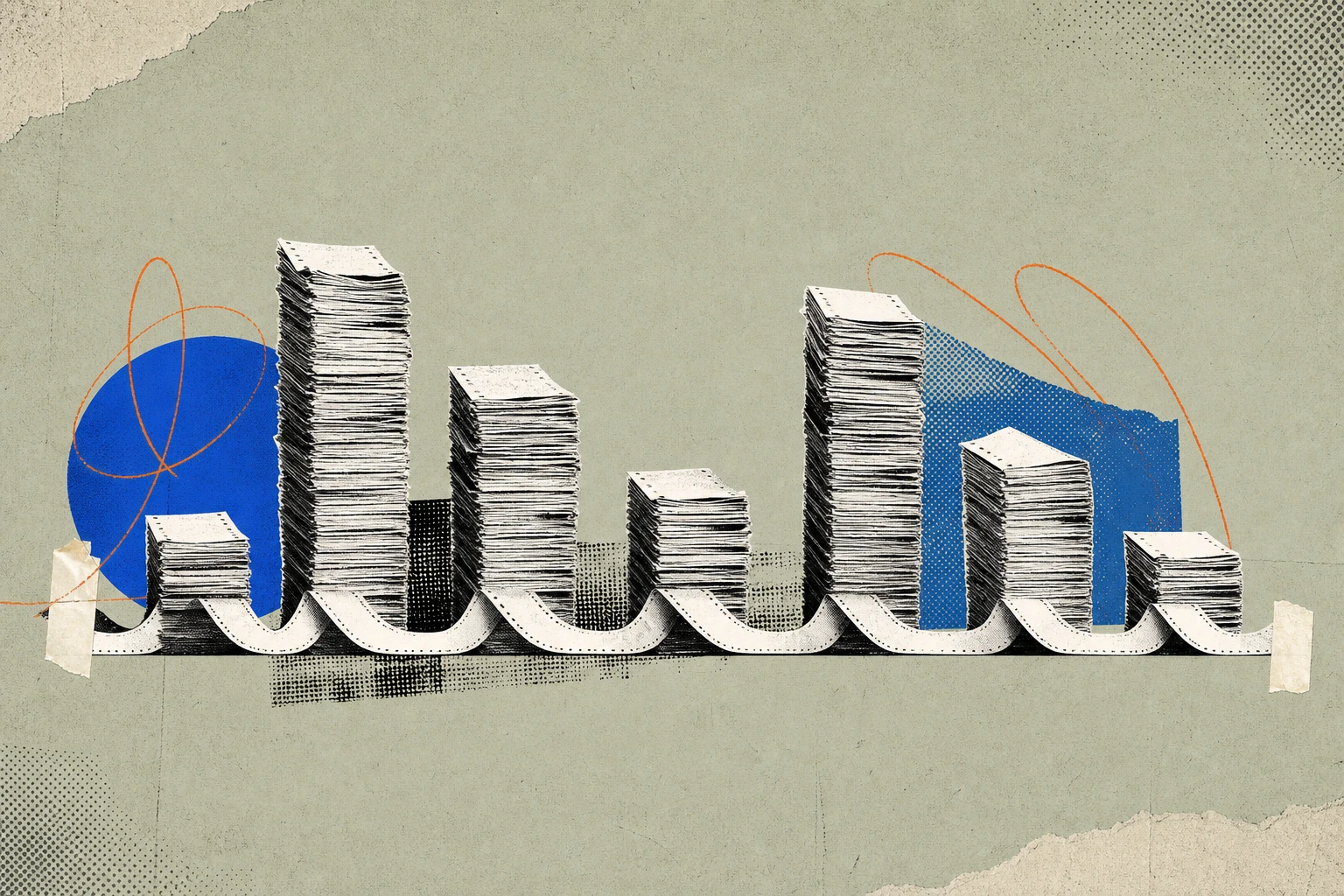Seven stacks of expert-call billing strips of dramatically different heights arranged in a row like a bar chart, connected at their bases by a single continuous ticker-tape ribbon that threads through