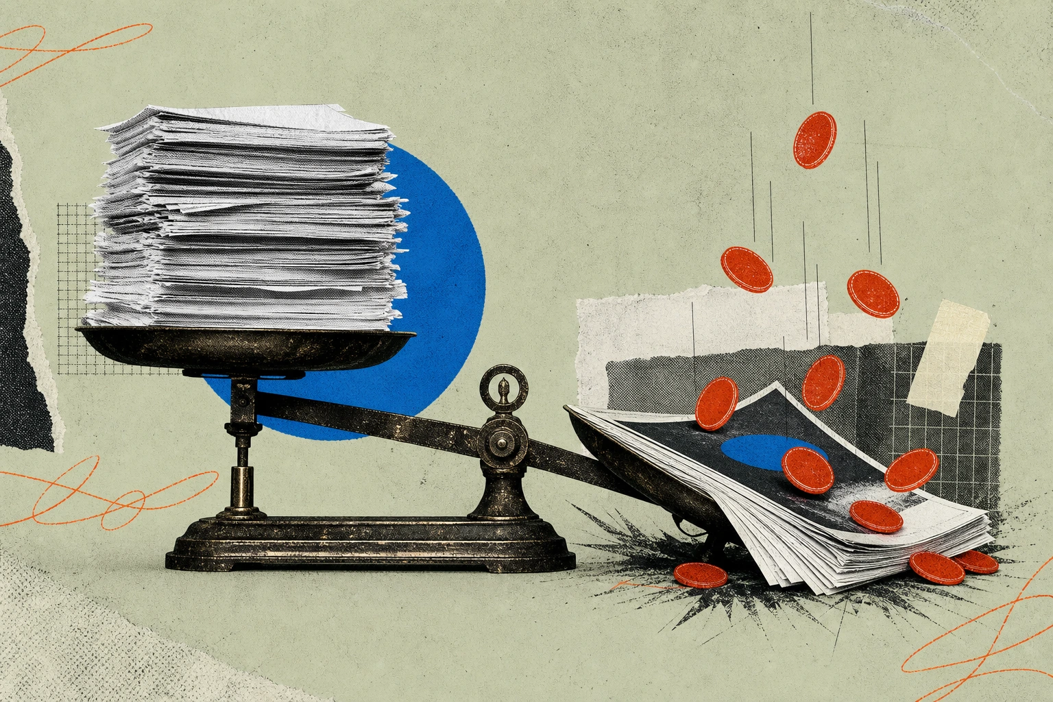 A stack of AI-ingested transcript pages sitting on one pan of an old brass scale, weighed down against a single thick E&O policy document on the other pan, the policy side crashing to the table as fre