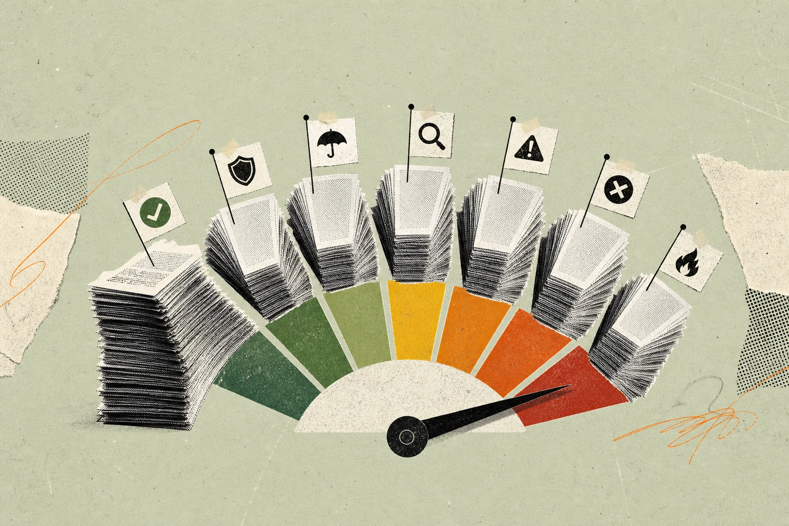 A tall stack of identical expert-call invoice slips fanning outward into seven distinct sorted piles mid-air, each pile tagged with a small compliance annotation flag, the fan itself forming the shape