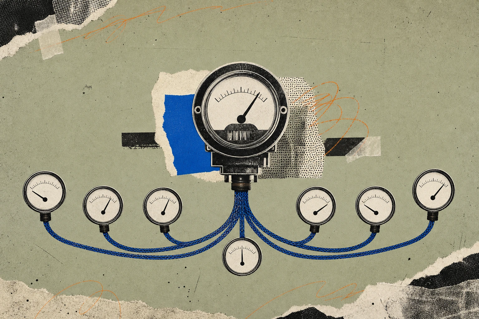 One expert-call billing meter at the center, its single output cable splitting into seven braided wires that fan out into seven smaller dial gauges, each gauge resting at a different reading.