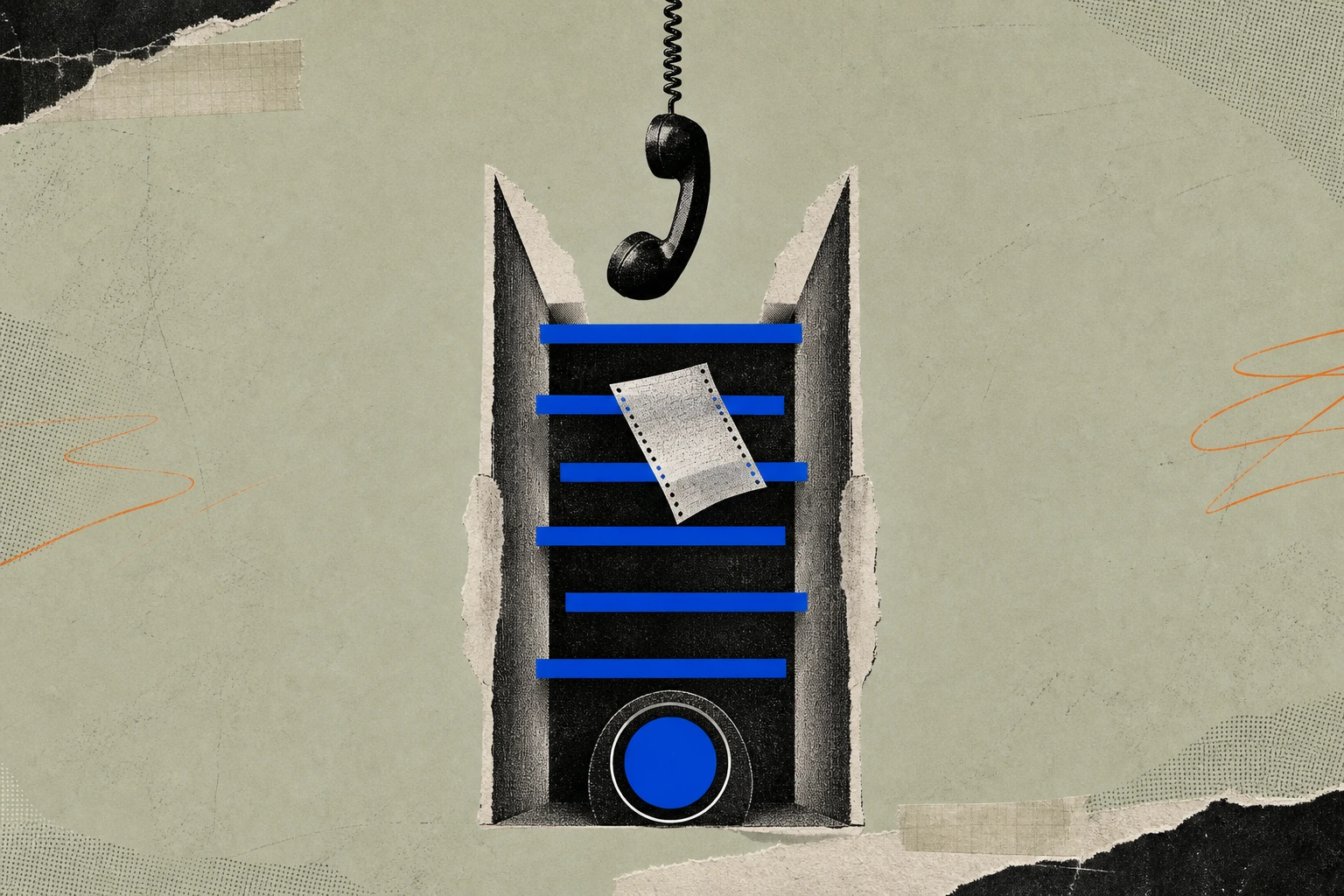 A telephone receiver suspended at the mouth of a long vertical chute lined with eight staggered highlighter-stripe filters, a faint transcript page caught mid-fall between the upper bands ,  the receiv