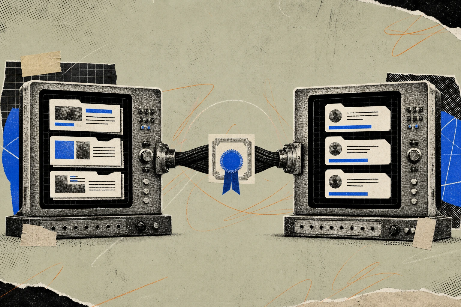 Two terminal panels docked side by side with a heavy fiber cable bridging them ,  the left panel streaming marked-up document snippets, the right panel rendering those same snippets as compact agent ta