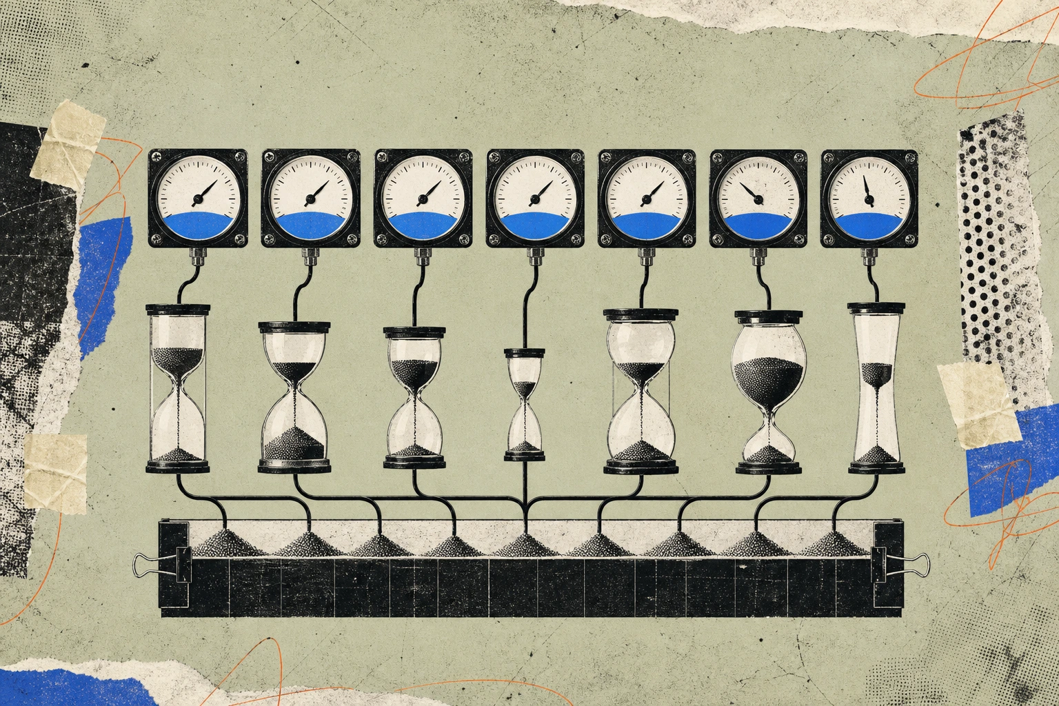 Seven parallel call-meter dials mounted in a single row, each wired to its own budget hourglass of a different size, the sand in each glass draining at visibly different rates into a shared transcript