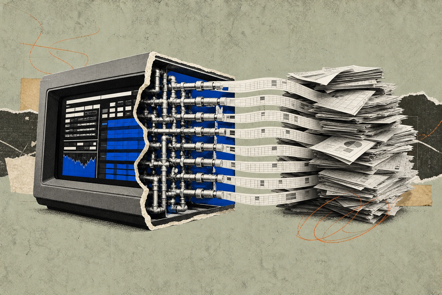 A Bloomberg-style terminal screen sliced open to reveal not wires but a dense lattice of connector pipes, each one funneling neatly tagged spreadsheet rows from a mountain of disassembled annual-repor