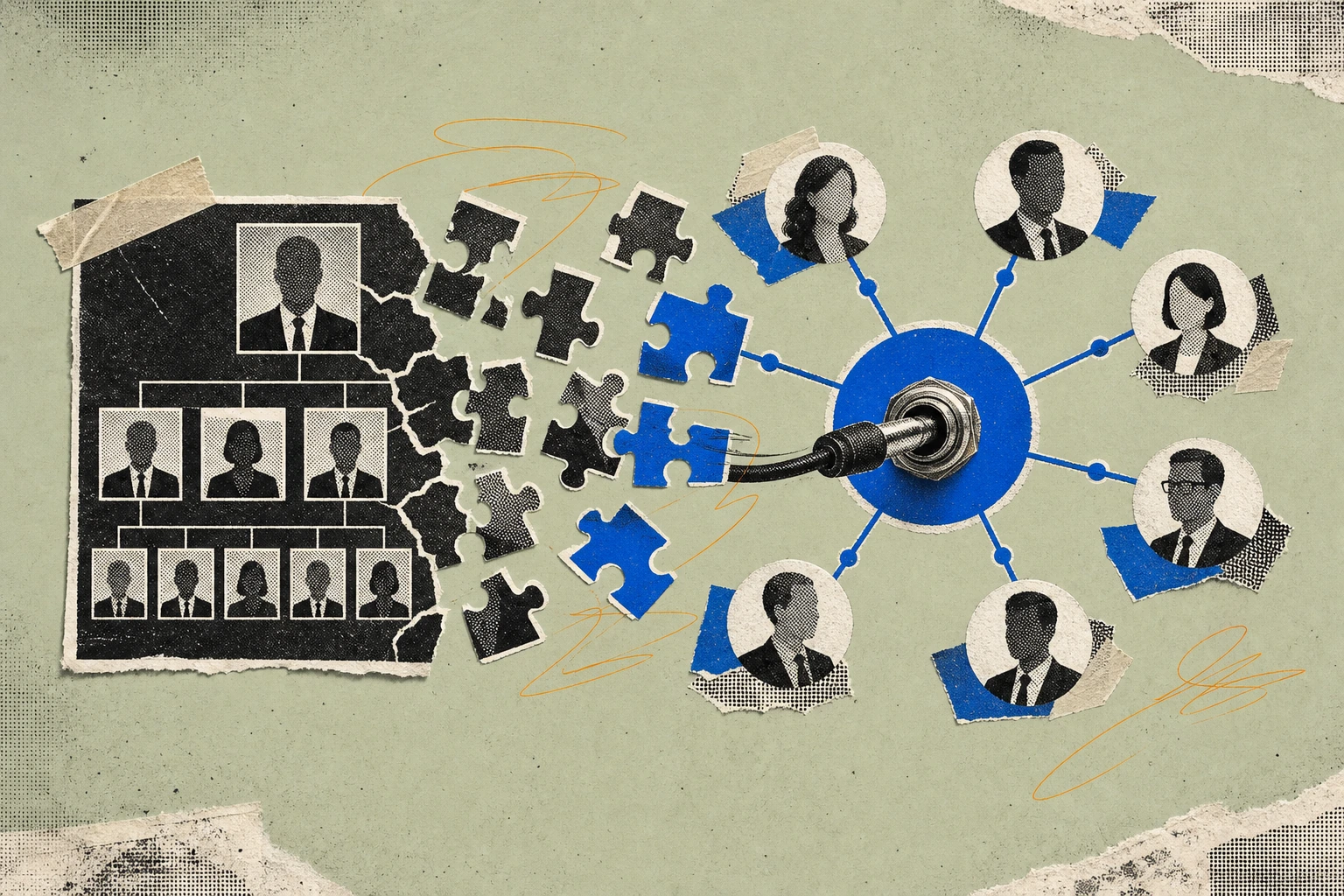 A rigid org-chart tile , the kind pinned inside a PE portfolio binder , cracking into modular puzzle pieces that reassemble mid-air into a hub-and-spoke network of consultant nodes plugged into a sing