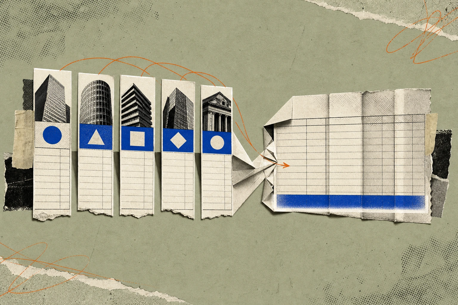 Five separate expert-call billing strips, each stamped with a different buy-side firm's header, folding origami-style into a single shared invoice ledger with one consolidated rate line glowing at the