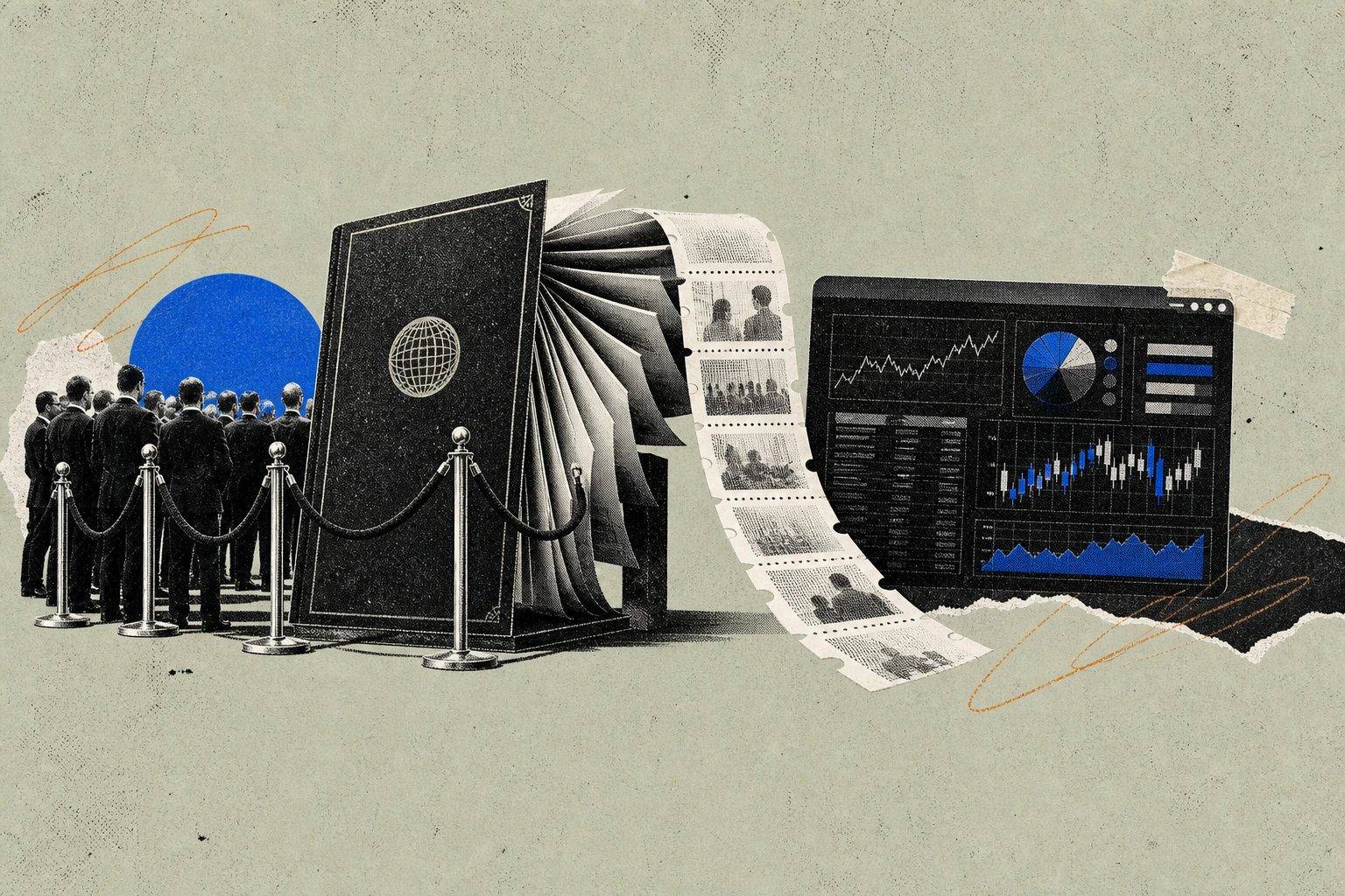 A dense, roped-off velvet-stanchion prospectus booklet labeled with accredited-investor fine print, its pages fanning outward and transforming into a long perforated strip of tear-off retail ticket st