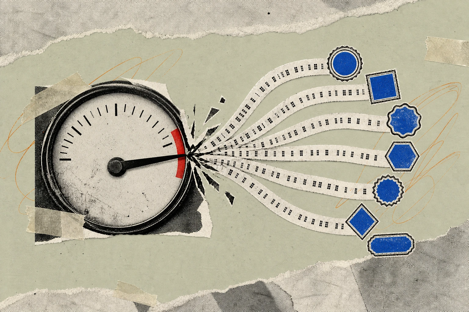 A single call-meter dial with its needle pushed past the red 60-minute threshold, the overflow arc splintering into seven divergent billing strips that fan outward, each strip terminating in a differe