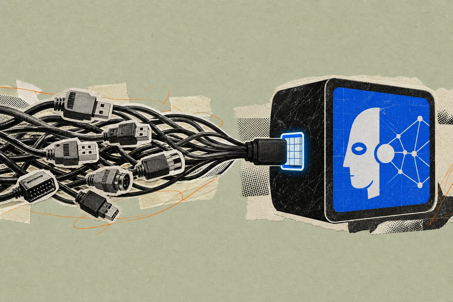 A tangled bundle of connector cables labeled with quarterly KPI tickers converging into a single clean input port on the side of a glowing AI-agent terminal panel, the port itself shaped like a spread