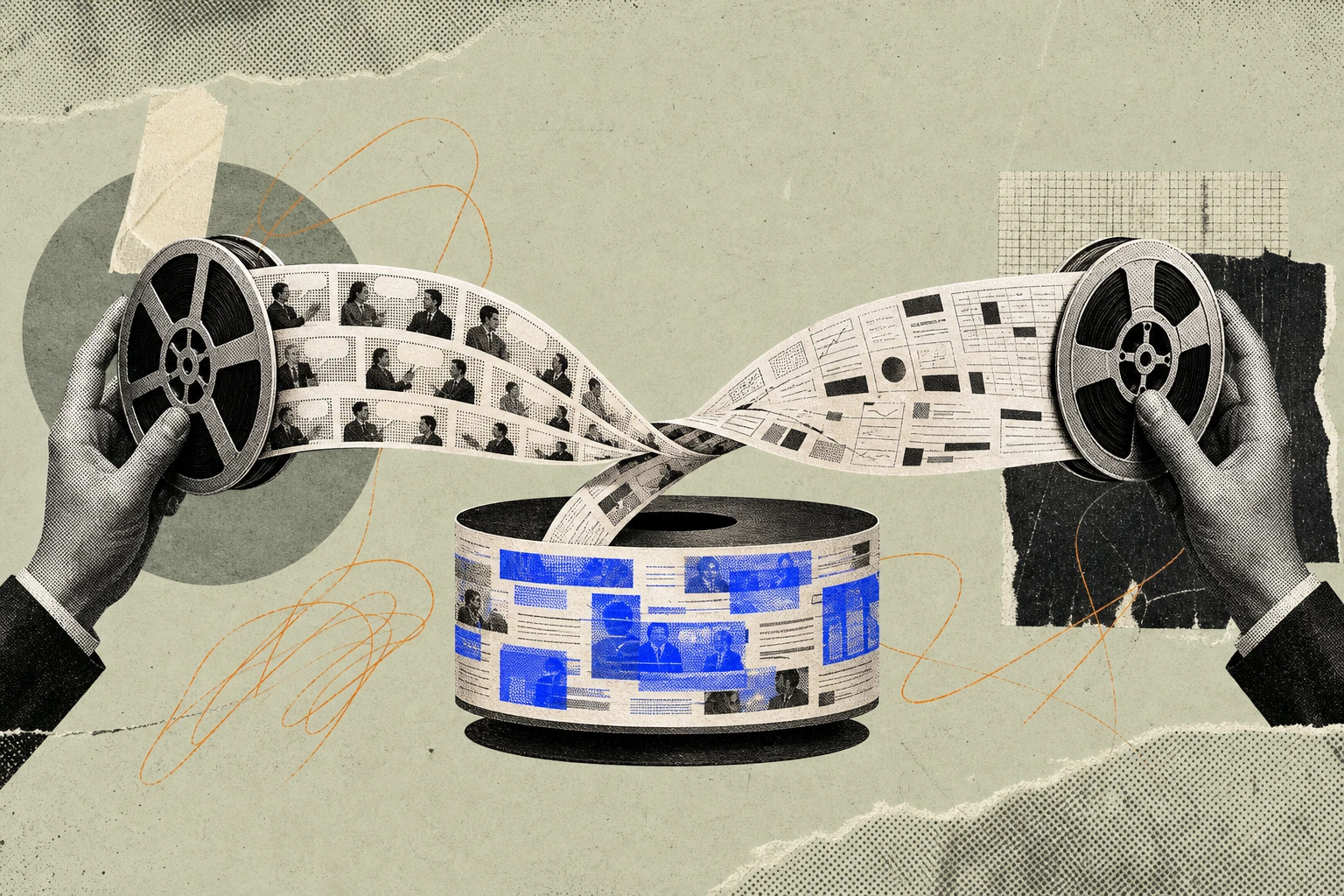 Two ticker-tape reels feeding into one merged spool: the left tape printed with dense verbatim expert-call quotes, the right with clipped research-database citations, twisting together mid-air into a