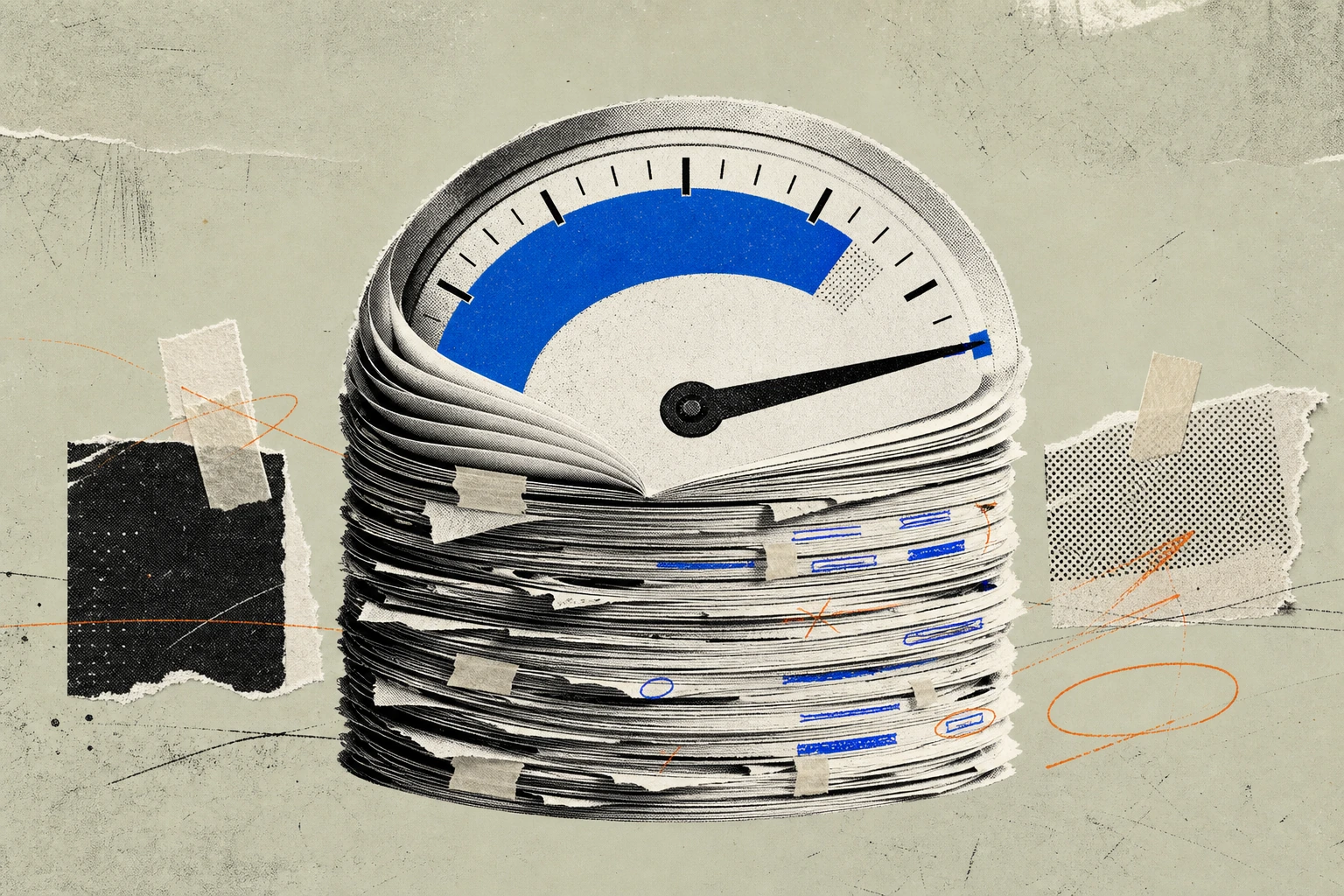 A tall column of marked-up research transcripts stacked like coins, the top half mid-transformation into a glowing dashboard meter with its needle pinned hard to the right, the paper edges curling int