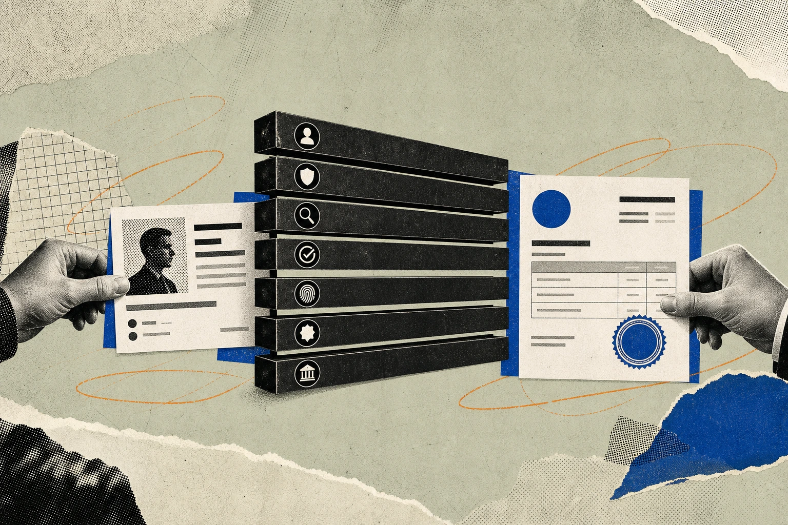 A resume-style credential card being fed into a slotted compliance gate built from stacked redaction bars, emerging on the other side as a clean, stamped expert-call invoice ready to bill , the gate i