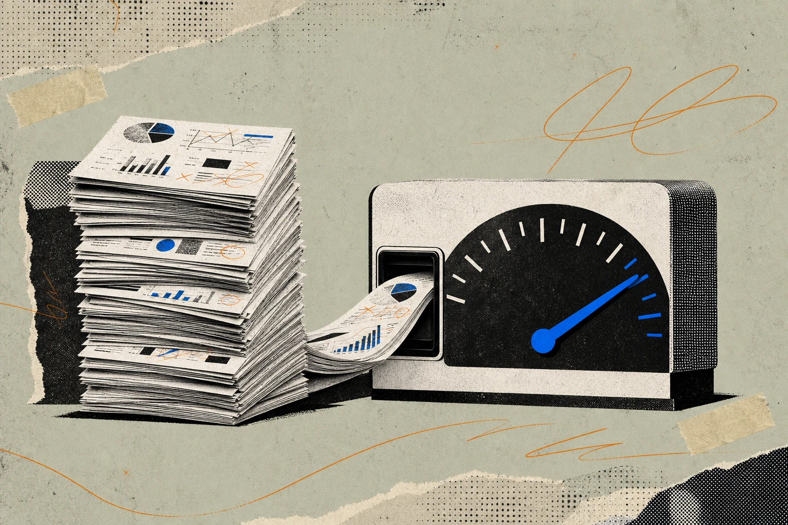 A towering stack of marked-up pitch-book pages on one side, steadily feeding itself into the slot of a sleek dashboard meter whose needle has swung hard past the $300M mark, the paper visibly thinning