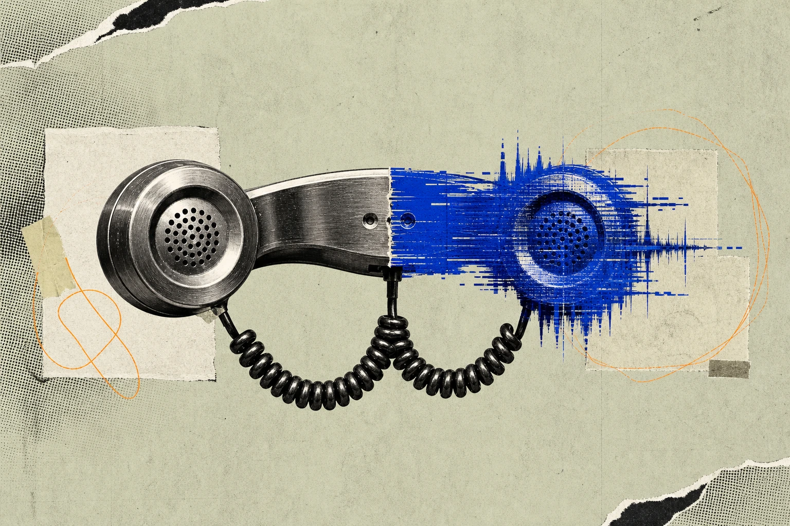 A classic analog telephone handset split lengthwise down the middle ,  one half molded in brushed metal with a verified call-timer ticking, the other half rendering into a glitched waveform of syntheti