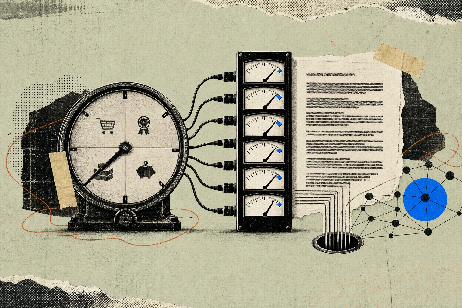 A vintage four-notch billing dial labeled with the old procurement criteria, its needle slack and dim, sitting beside a taller stacked-meter readout of six freshly-lit gauges wired directly into a tra