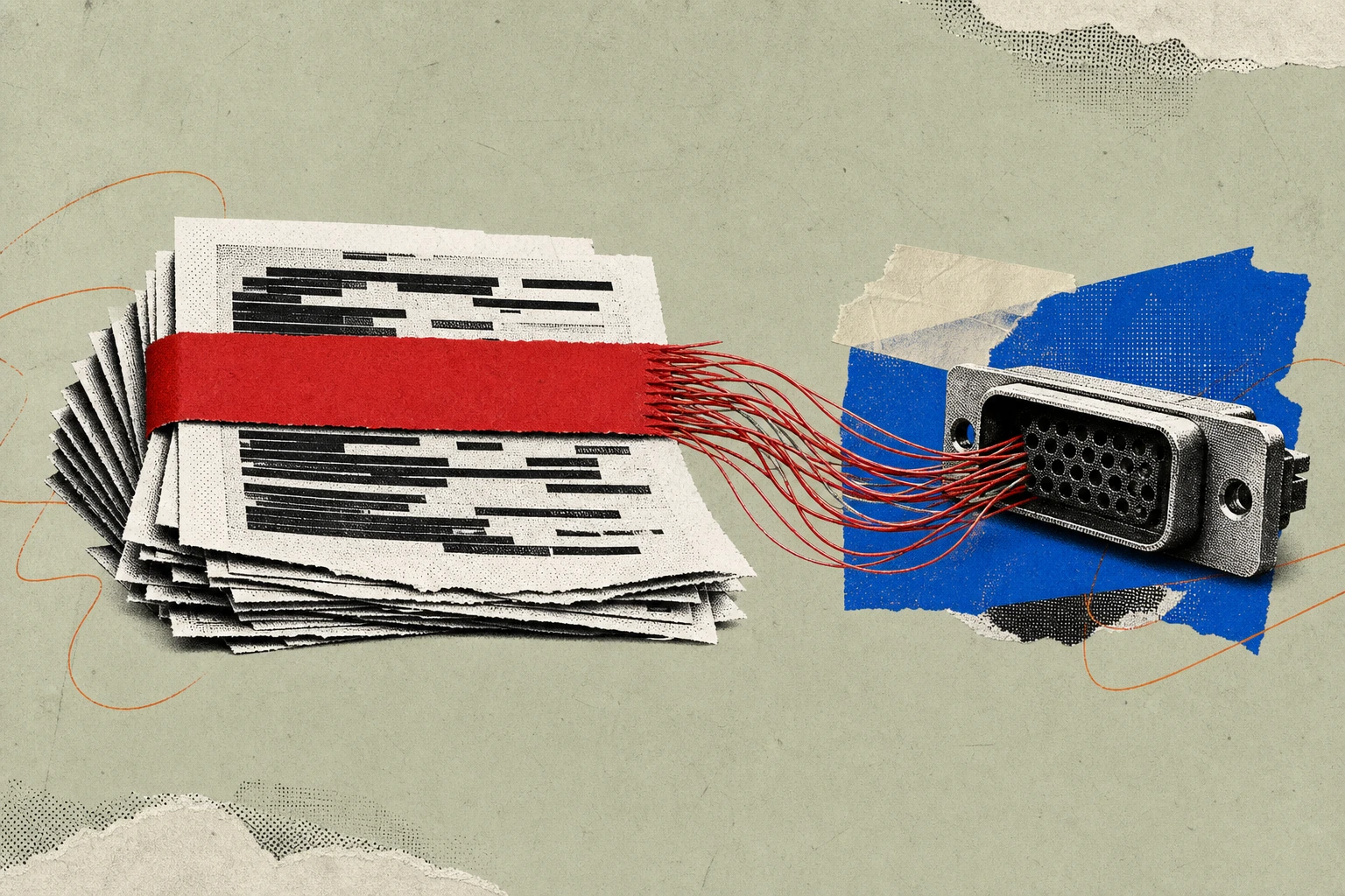 A red compliance-redaction bar stretched across a stack of transcript pages holds firm at the top of the stack, but frays into thin data-cable strands at the bottom, the strands feeding into an open A