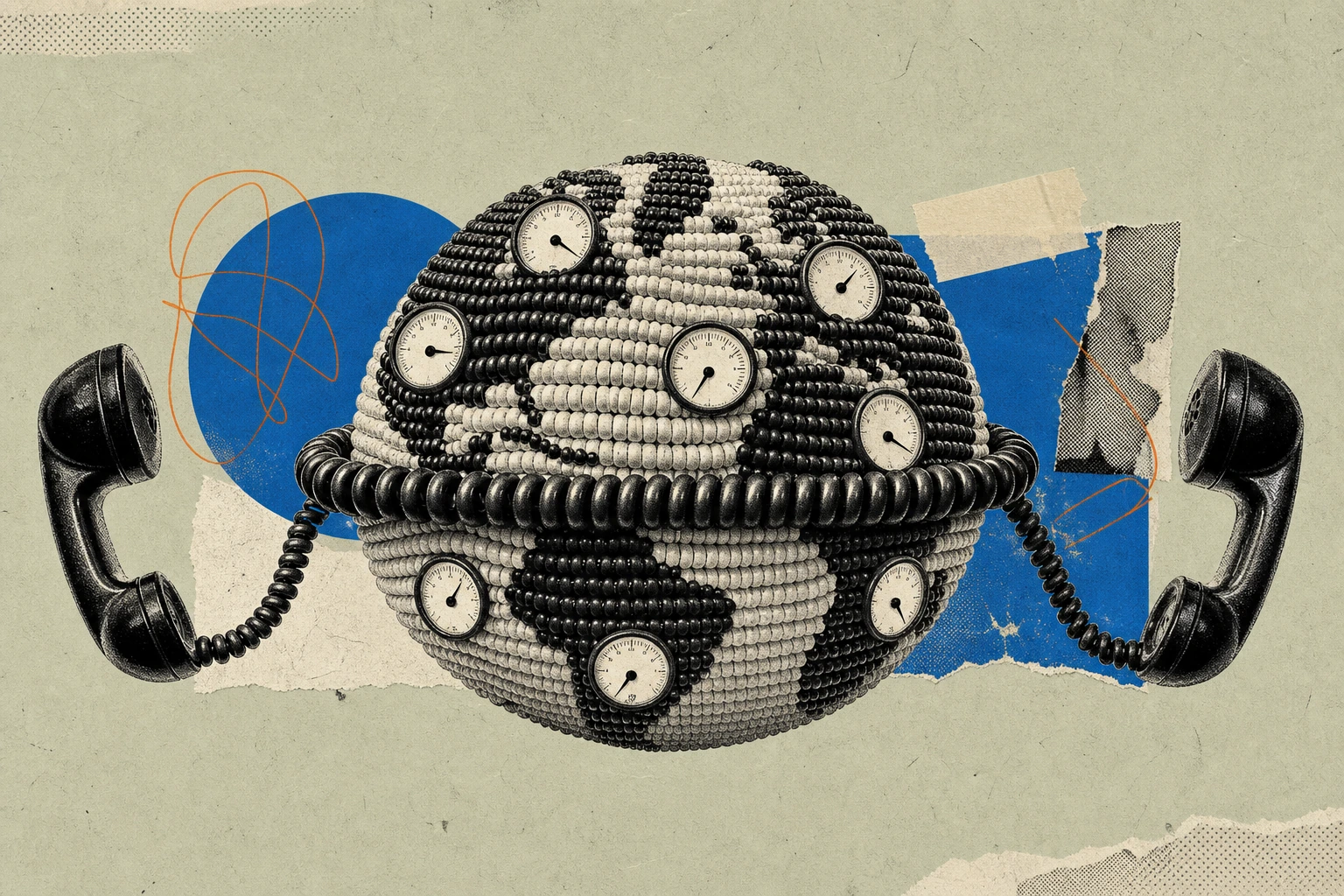 A globe rendered entirely from coiled telephone cable, with eight numbered call-meter dials embedded at different longitudes, each dial's needle pointing at a different tick , the cable tightening aro