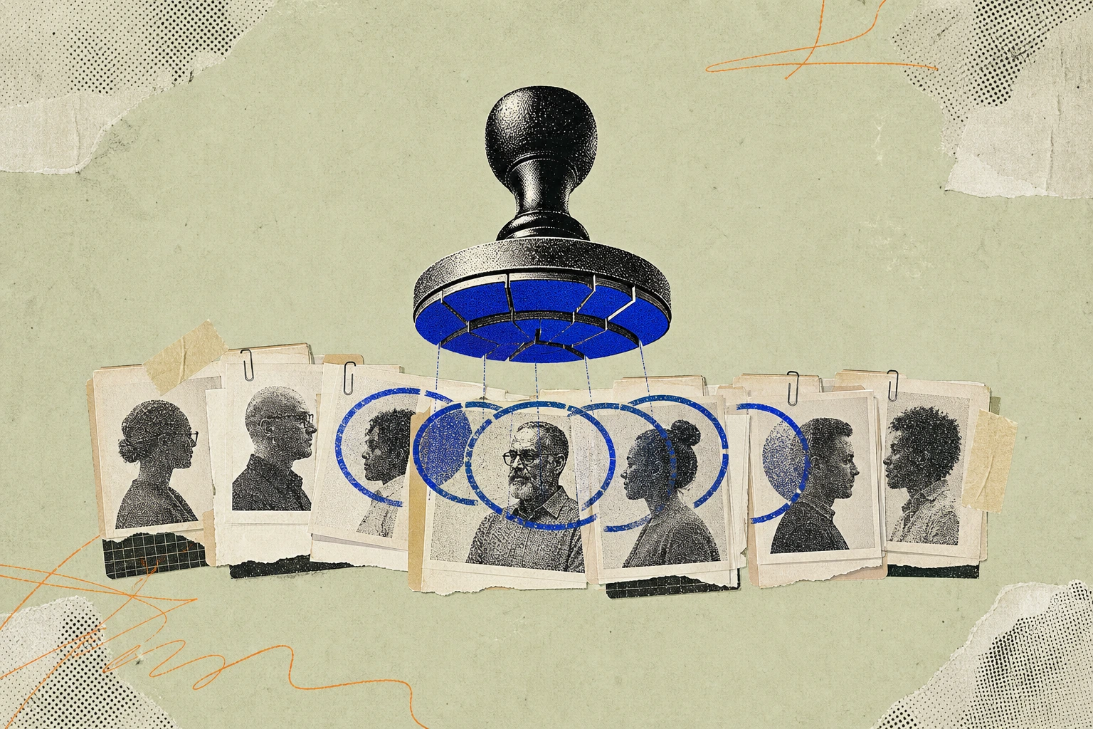 A compliance stamp hovering over a sourcing queue of expert dossiers, its ink splitting mid-press into seven mismatched impressions that land on the stack slightly offset ,  a few dossiers slipping thr