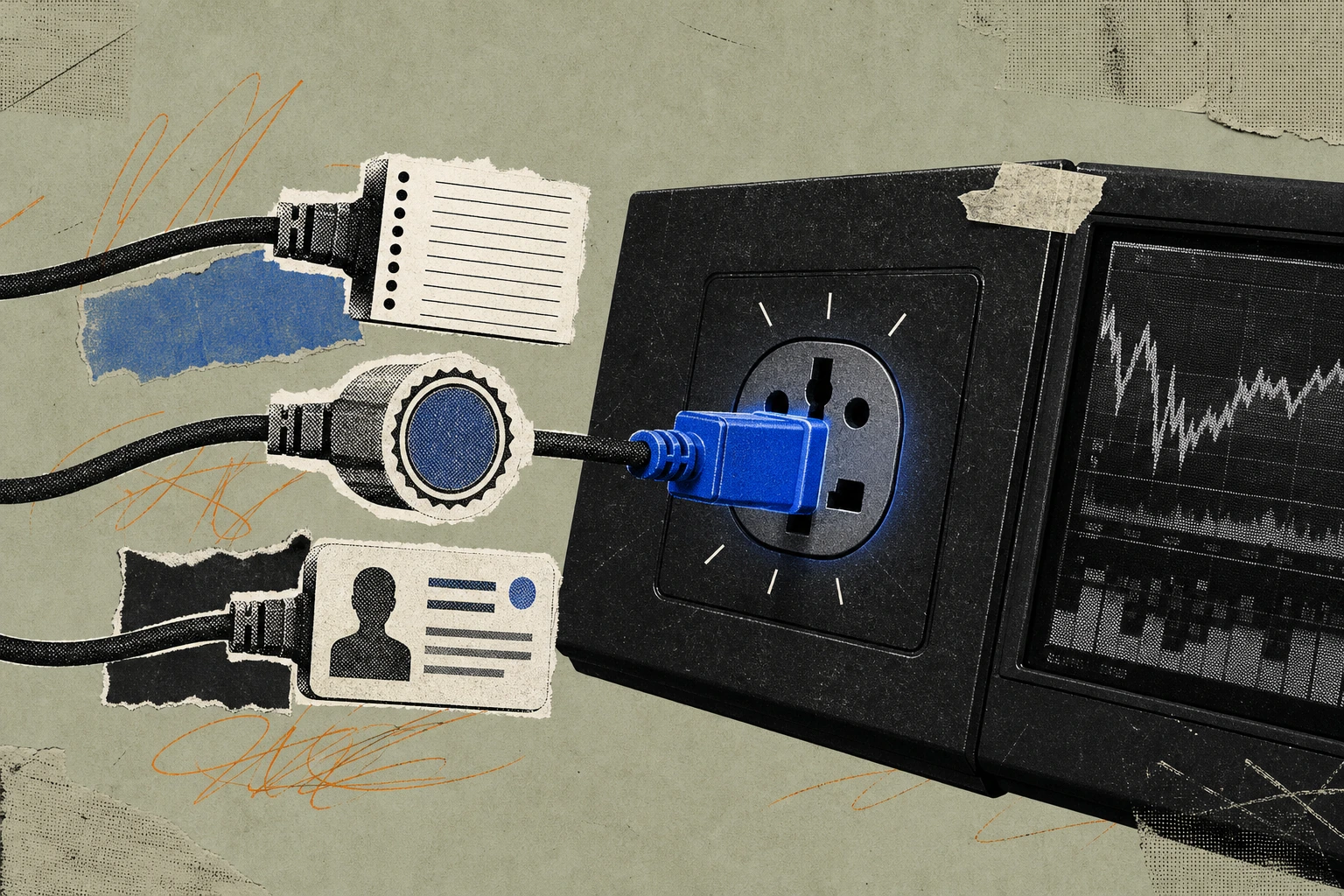 Three mismatched vendor plugs , one shaped like a transcript page, one like an audit stamp, one like a profile card , all converging on a single universal socket mounted on the face of a Bloomberg-sty