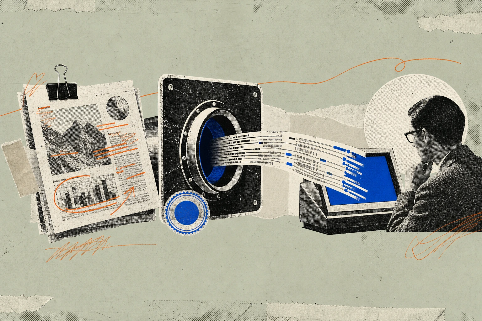 A marked-up research report sliding through a compliance-stamped distribution port and emerging on the other side as a stream of structured transcript lines feeding into a waiting analyst's query box.