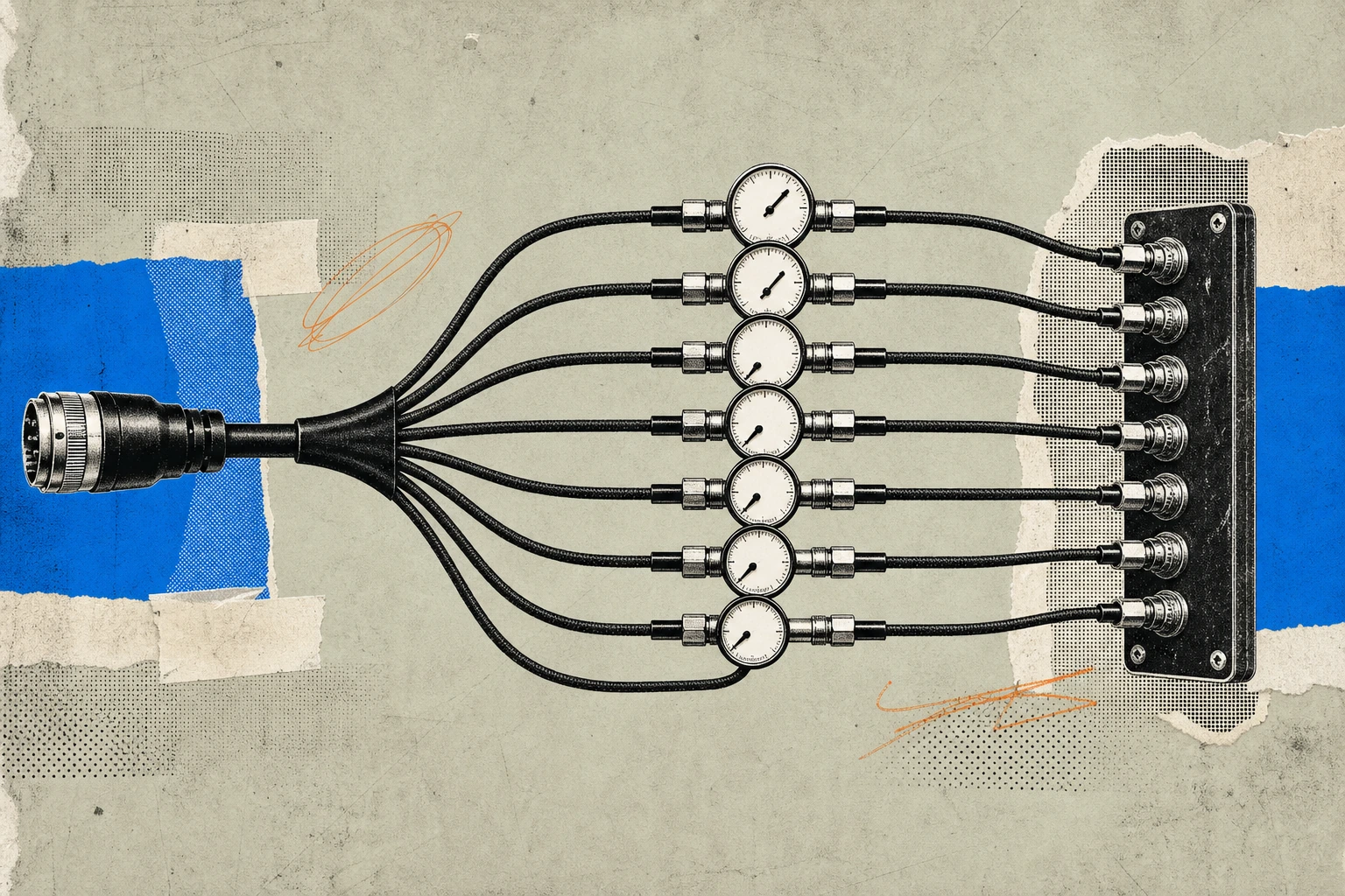 A single expert-network connector cable splitting into seven branches, each branch passing through a differently-calibrated dial gauge , the lowest gauges pinned near zero, the topmost swung wide open