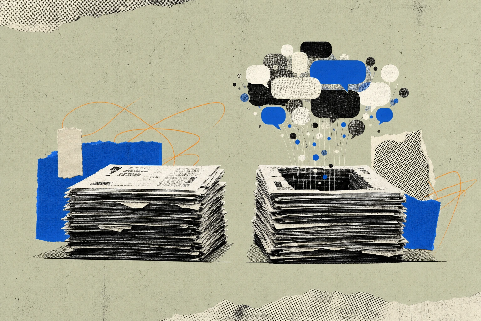 Two stacked expert-call invoice bundles of identical height sitting side by side, but the right-hand stack has been hollowed out from within, its missing volume reconstituted overhead as a swelling cl